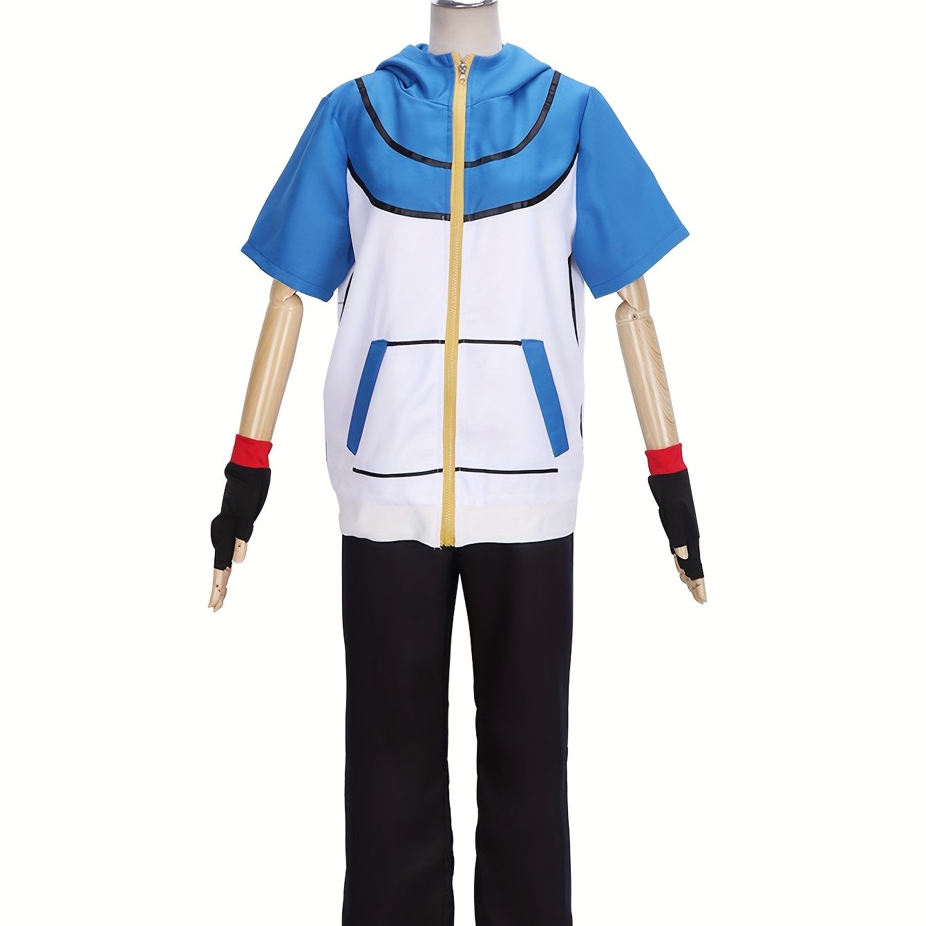 1pc Blau und Weißes Lässiges Cosplay-Outfit - Kapuzenjacke mit Taschen, schwarze Hose und Handschuhe für Anime- und Spielcharakter, Polyesterstoff, Lässige Kleidung|Kapuzenjacke|Polyesterjacke