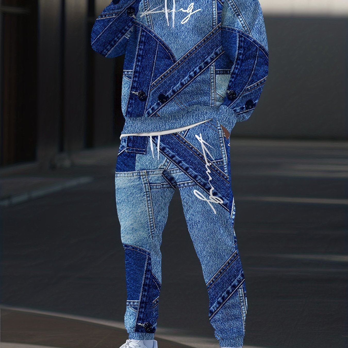 TEMU Set Of Sportswear Featuring A Hooded Sweatshirt And Joggers, Designed With A Vintage Denim Pattern And Letter Prints, Perfect For Casual Wear