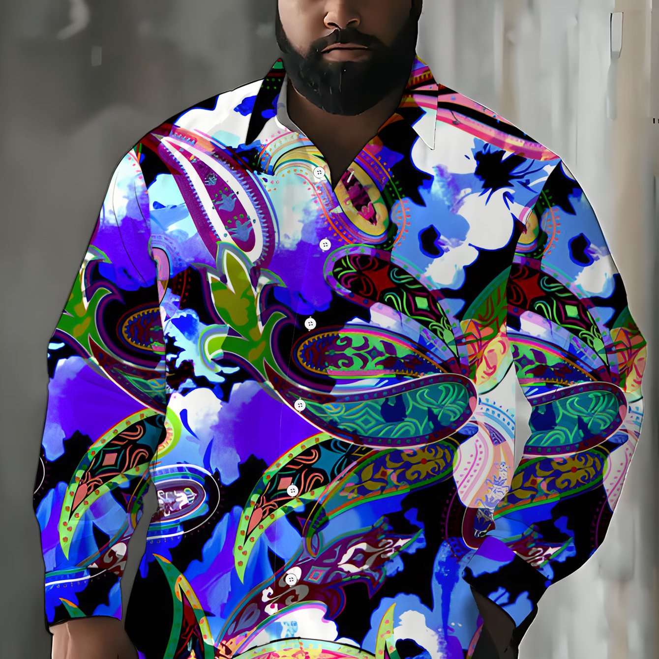 TEMU Men's Casual Comfortable And Versatile Plus-size Long-sleeve Shirt, Party Clubwear, Shirt With Paisley Pattern, Vibrant And Colorful Design,