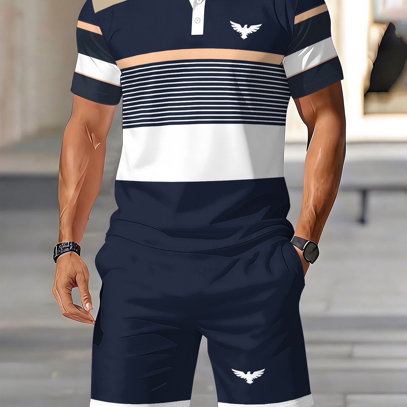 TEMU Conjunto de 2 piezas para hombre: camiseta polo de manga corta y pantalones cortos, camiseta polo a rayas azul y pantalones cortos , y