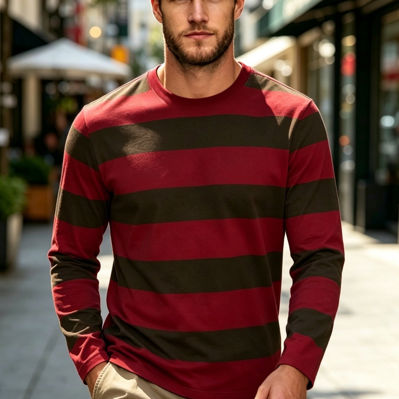 TEMU Men's Long-sleeve T-shirt, Classic Burgundy Brown Wide Striped Long-sleeve Top