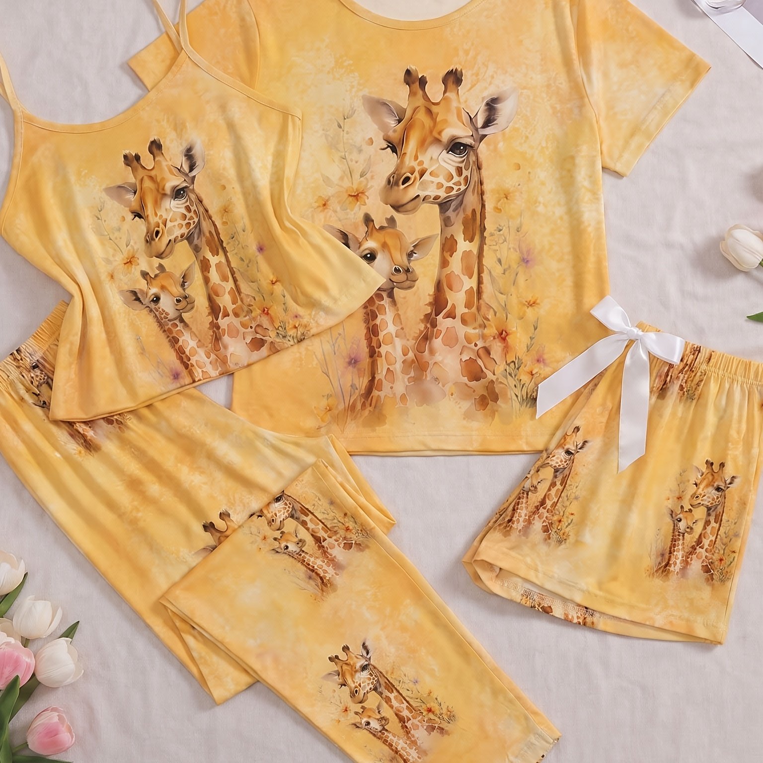 TEMU Label Round Neck Giraffe Print Four-piece Pajama Set, Short Sleeves   Camisole   Shorts   Long Pants, Comfortable And Versatile Fabric