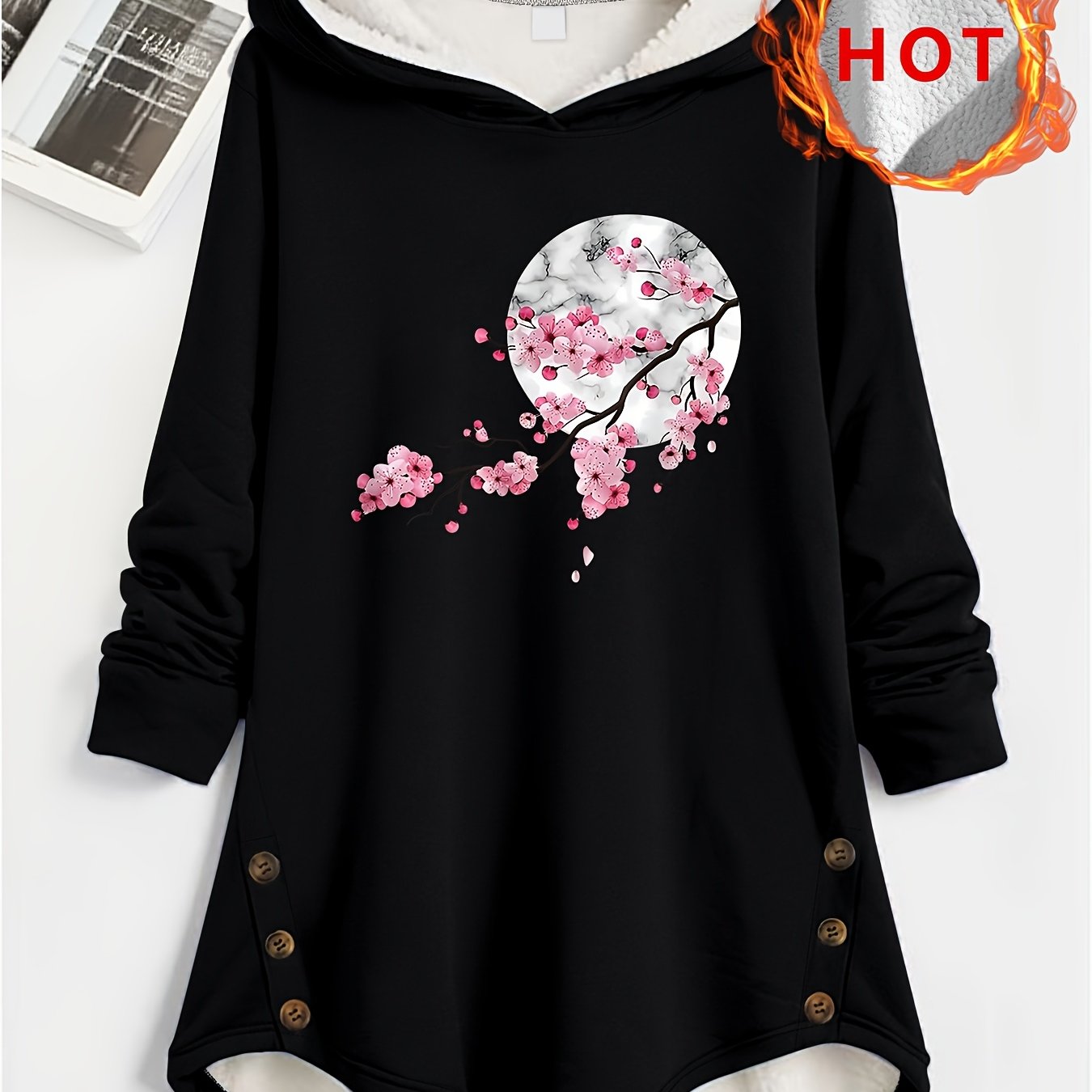 TEMU Veste à capuche doublée et boutonnée pour femme grande taille, chaude, noire, pour /hiver, capuche doublée, sweat à capuche avec imprimé , coupe