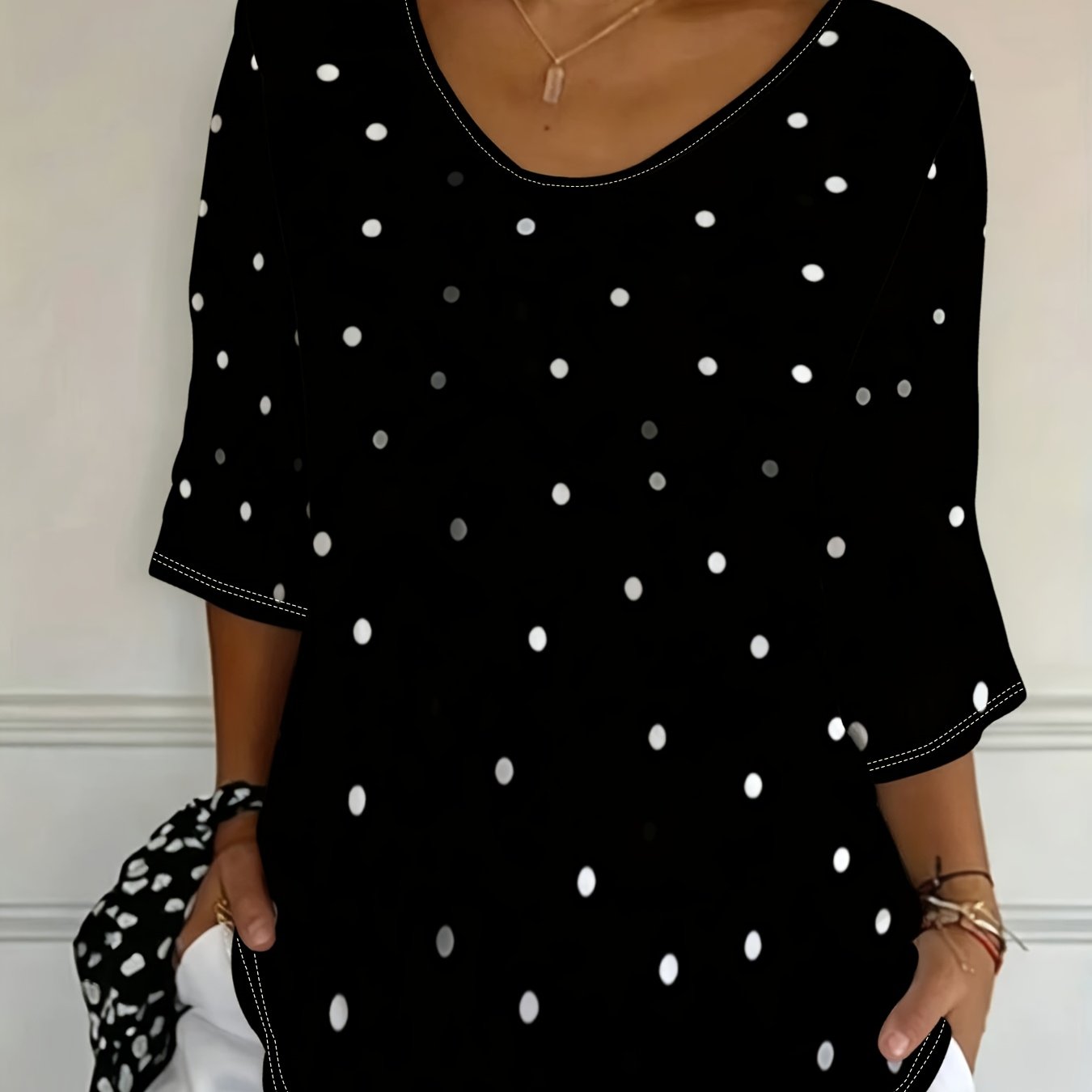 TEMU Plus Size - [printed Design-not Textured] Plus Size Polka Dot Blouse, Mixed Colors, Multiple Sizes , Fashionable Women's Top For Daily Wear,