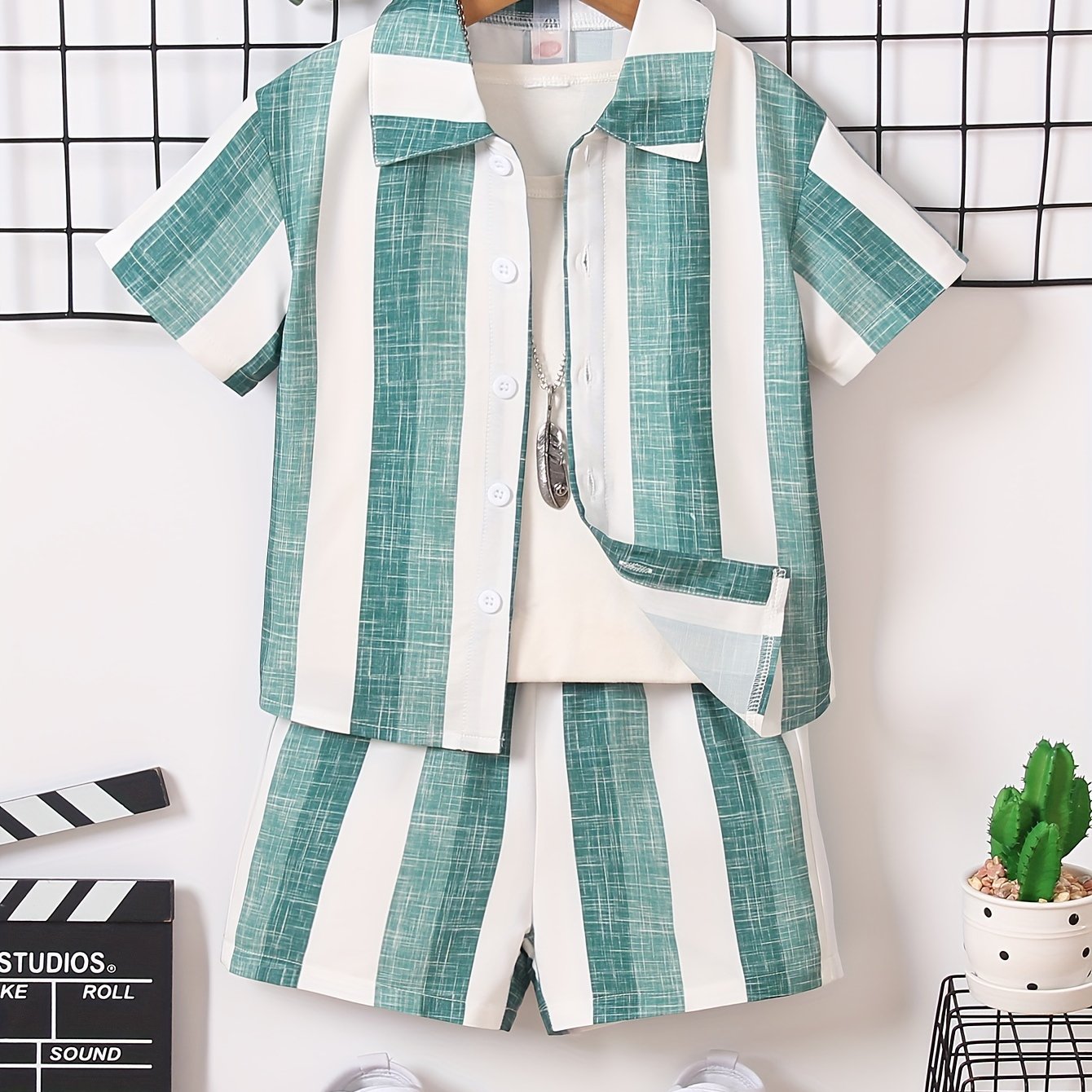 Boys' Summer Striped Shirt & Shorts Set - Casual, Machine Washable Polyester Outfit, Perfect For Outdoor