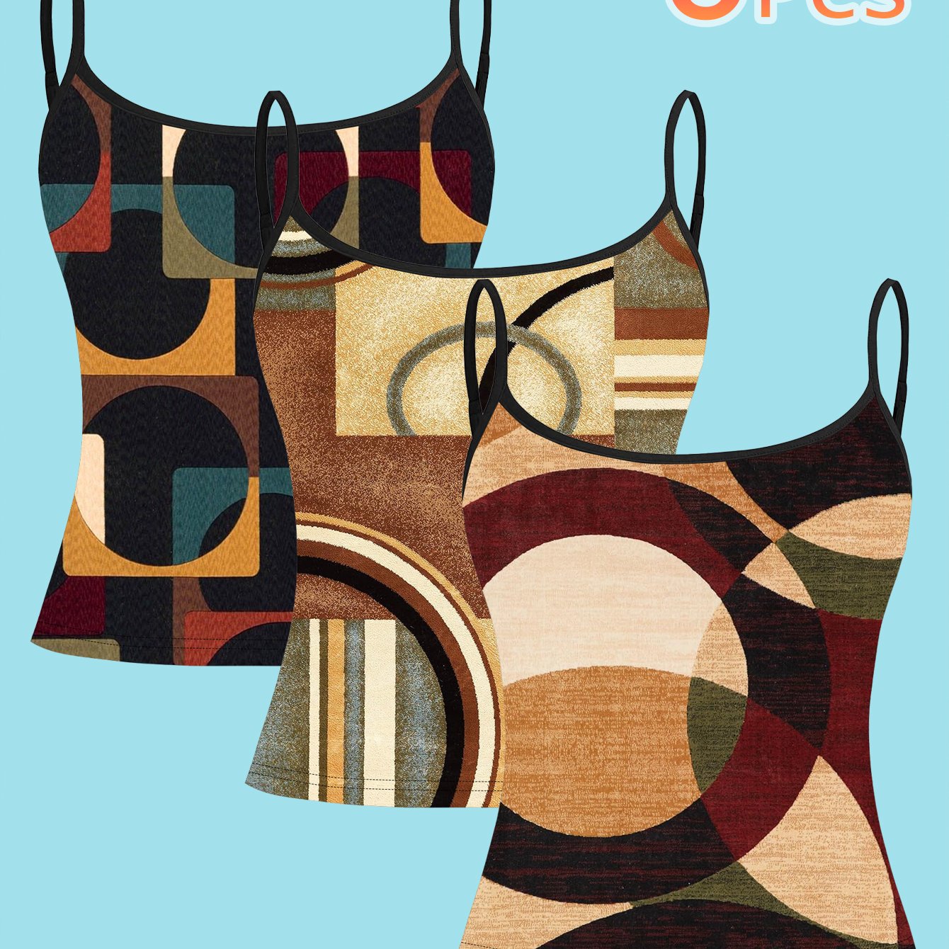 TEMU 3pcs Set Vintage Block And Circle Print Women' Strap Camisole Top With 2d , Bohemian Style