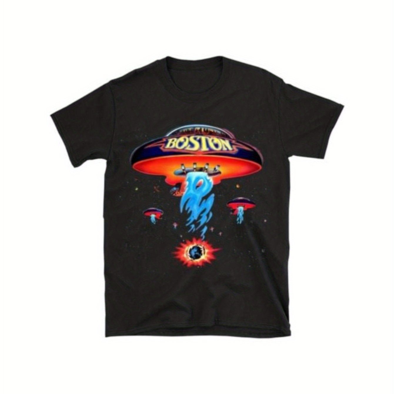 TEMU 1pc Men's Graphic T-shirt - 100% Cotton, Crew Neck, Short Sleeve, Regular Fit, Rock Design With Vibrant Ufo & Stars, Casual Wear, Ideal For Daily , Halloween & Christmas Gifts