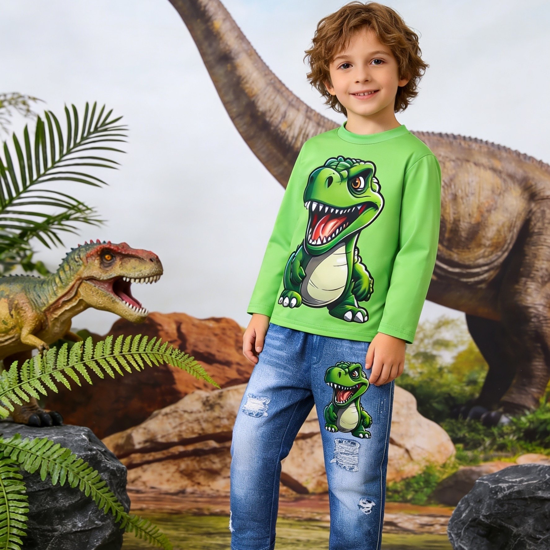 2pcs Boys Outfit Set, Cartoon Dinosaur Print Long Sleeve Tee And Denim Pants, Kids Matching Suit For School, Party, Outdoor Sports & Vacation, Birthday Gift For Little Boys, For Outdoor