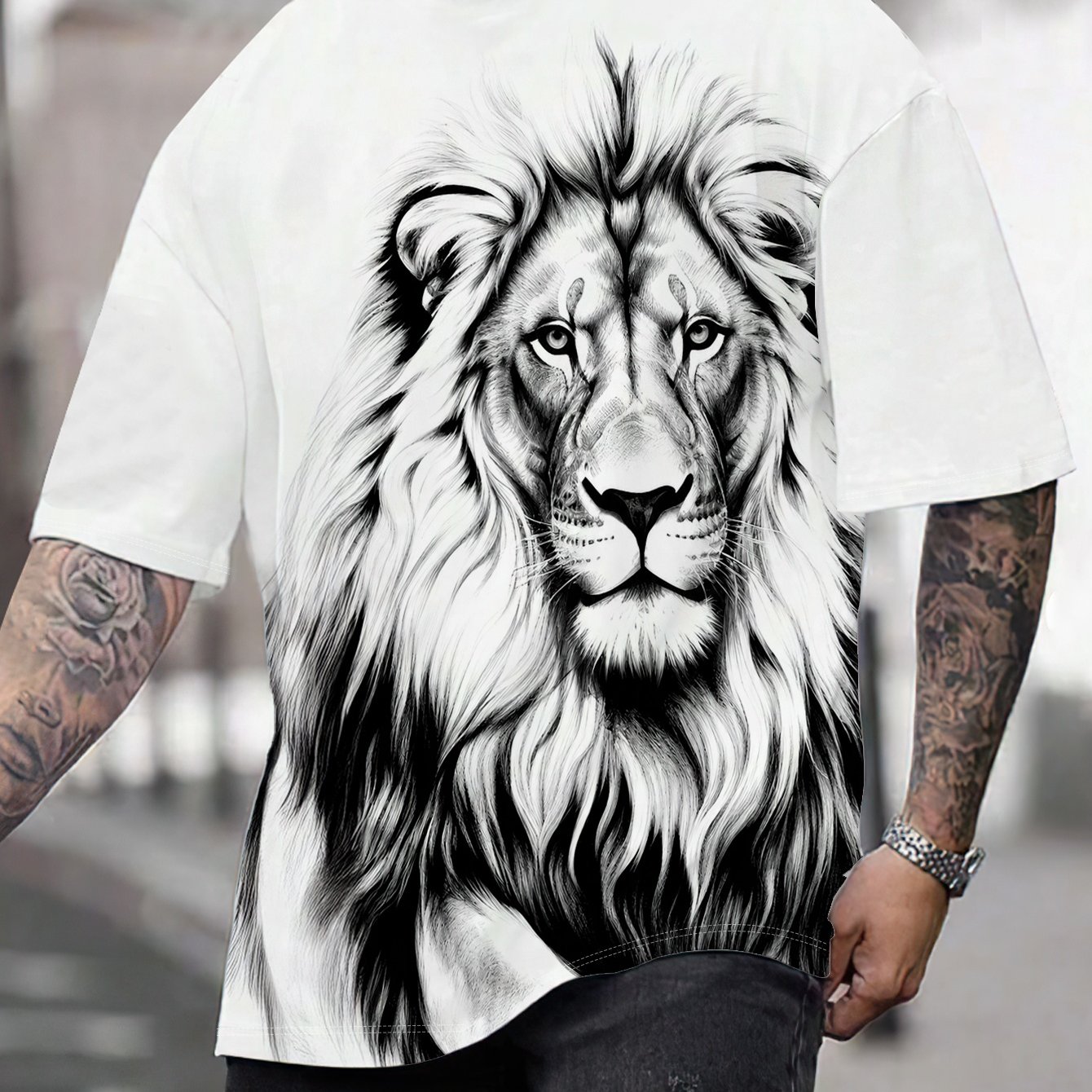 TEMU Men's Plus Size T-shirt Short Sleeve 100% Polyester Lion Print Loose Crewneck Summer Casual Top Xxl-9xl Fashion Trendy Breathable Sports