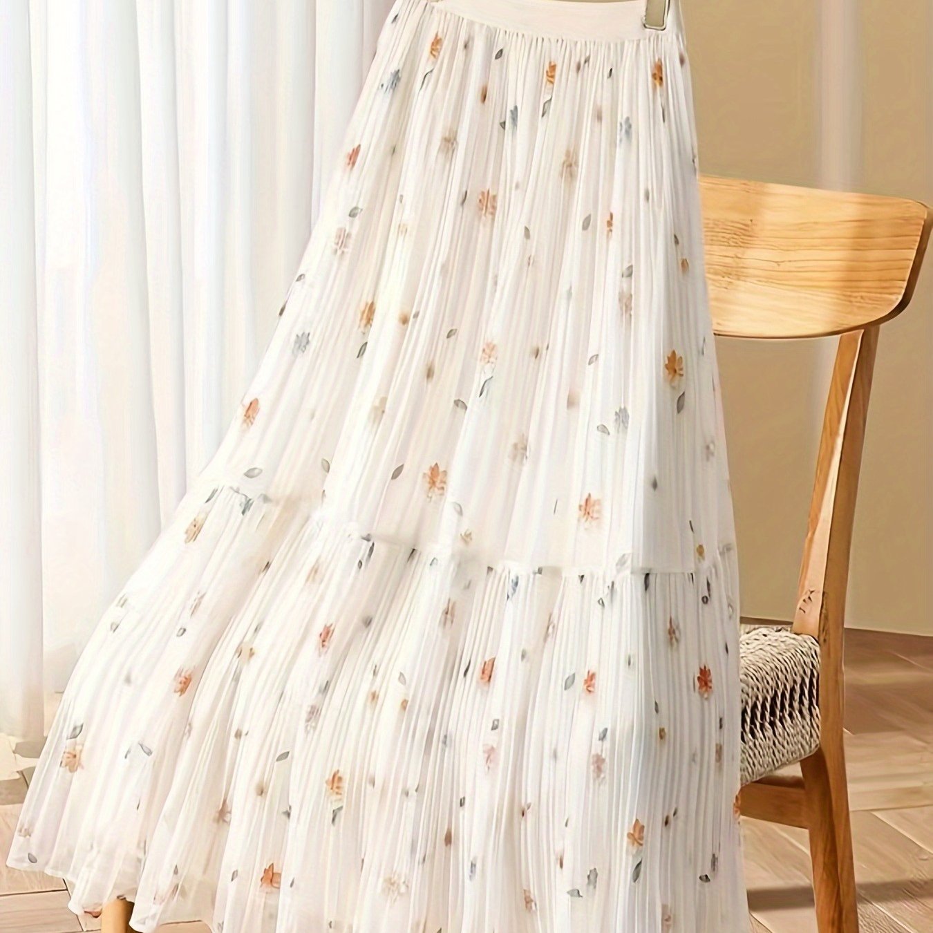 Women's Floral Print Layered Midi Skirt, Elegant White Pattern Mesh Dress, Spring Summer Fall Casual Comfortable Half Skirt
