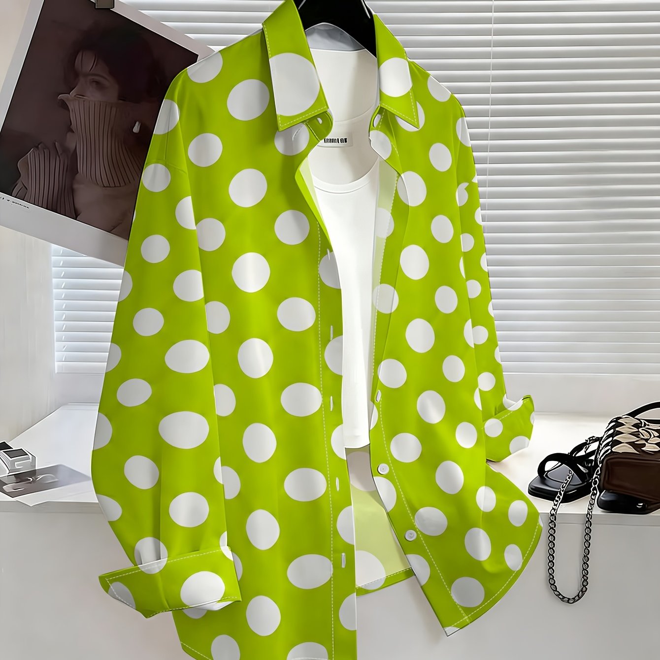 TEMU Women's Lapel Long Sleeve Shirt With Large Polka Dot Print, Fresh Contrasting Color Polka Dot Pattern For, Bright Lime Green, Versatile Top For
