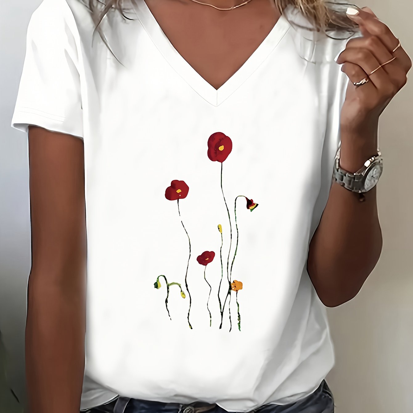 Women's Casual V-neck Short Sleeve T-shirt - Hand-painted Poppy Floral Print, Soft Breathable Fabric, Regular Fit H-silhouette, White With Red & Green Accents, Machine Washable Top