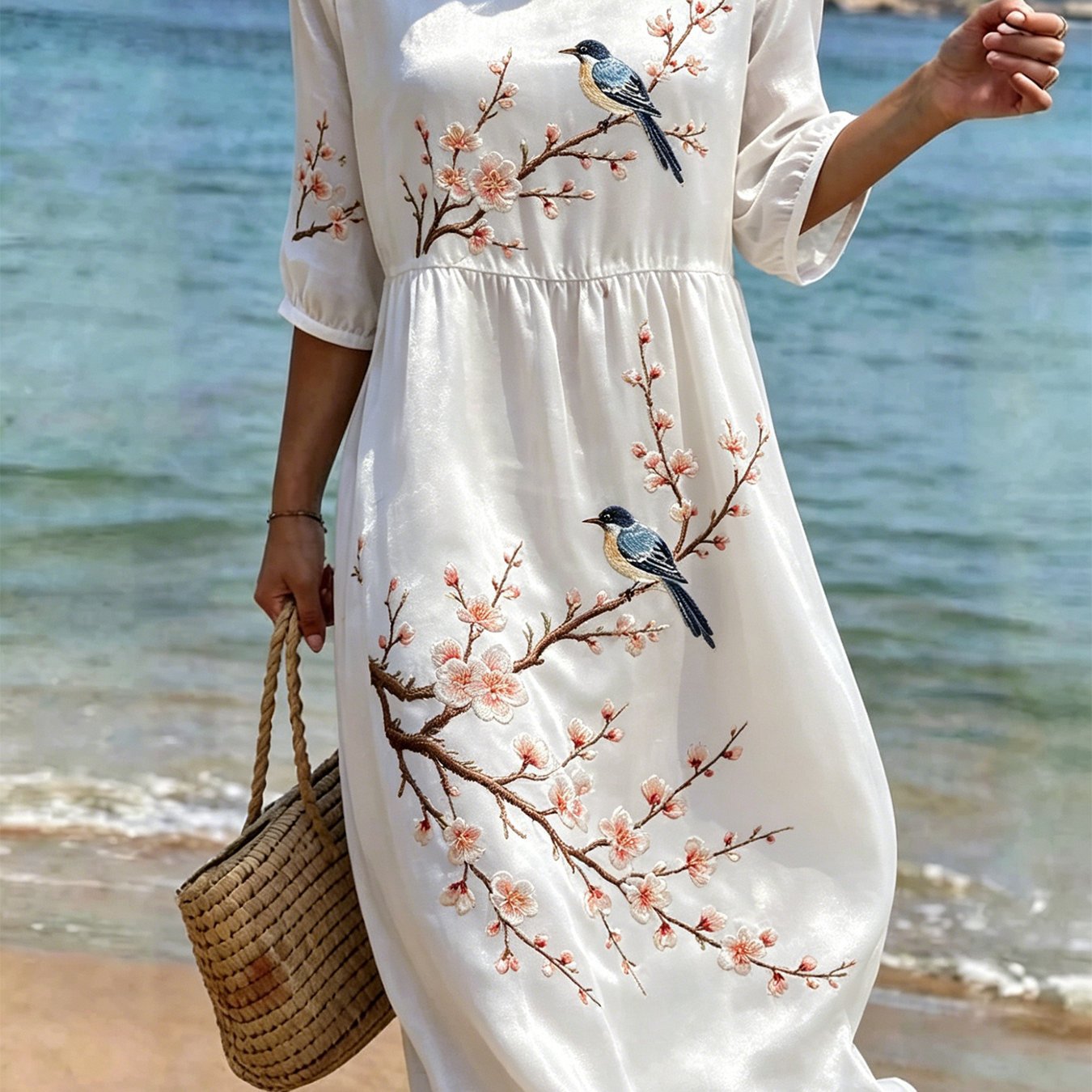 Image of Plus Size, New Arrival Vintage Casual Women Round Neck 3 Quarter Sleeve Midi Dress, Allover Plum& Magpie Bird Print On White, High Waist Gathered Swing Skirt Daily Holiday Outfits