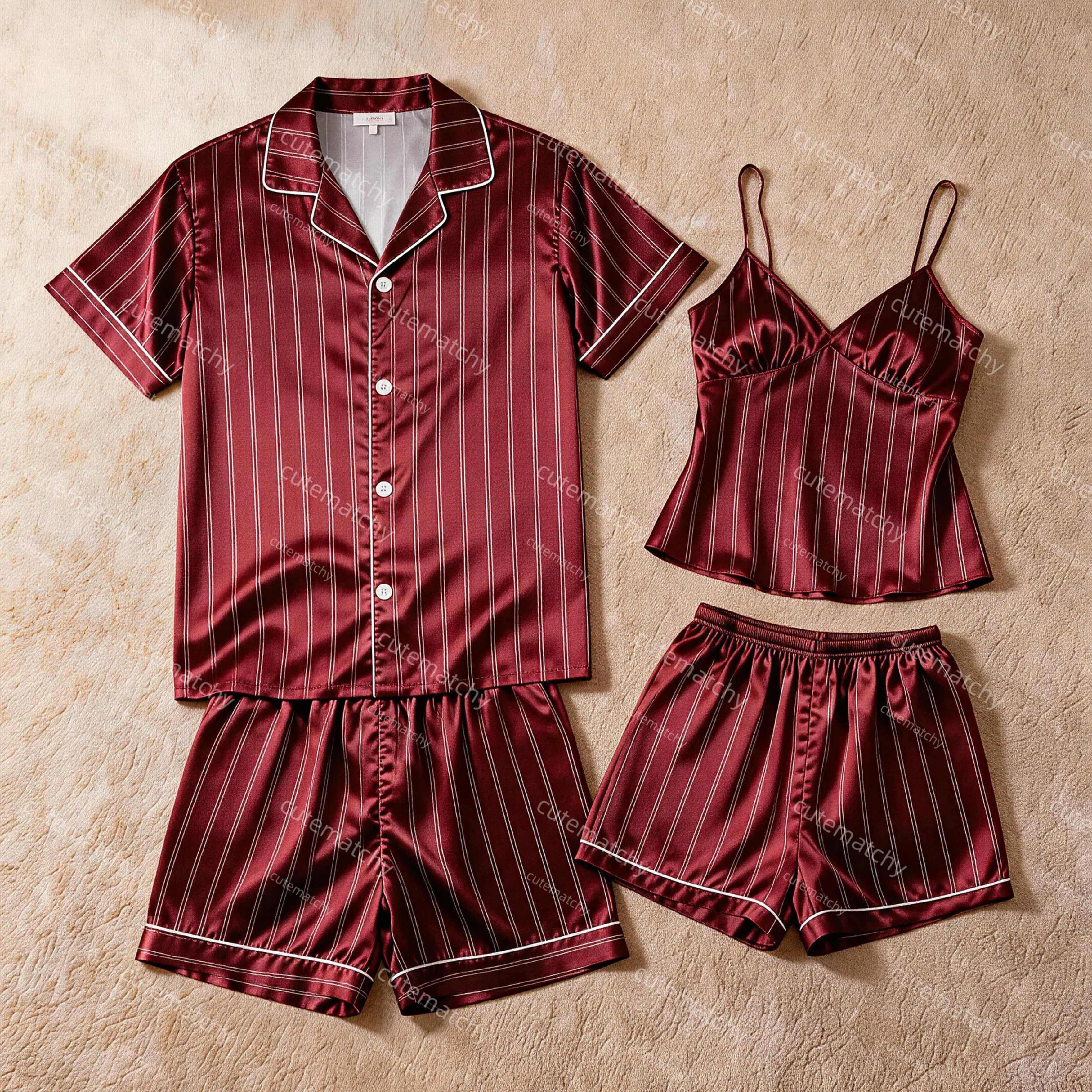 2pcs Burgundy Striped Satin Couple Pajamas Men Short Sleeve Shirt And Shorts Women Camisole Shorts Matching Sleepwear