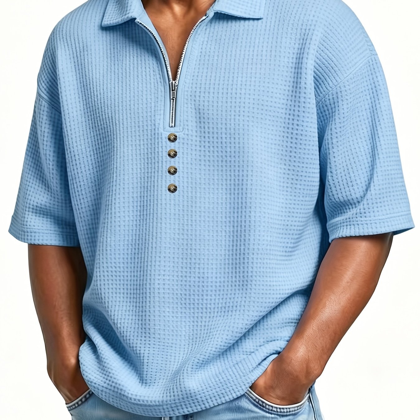 TEMU Men's Summer Short Sleeve Lapel Collar Shirt - Button-front Door Collar & Zipper Suitable For Home, Outdoor, Office Wear | Relaxed Fit Button