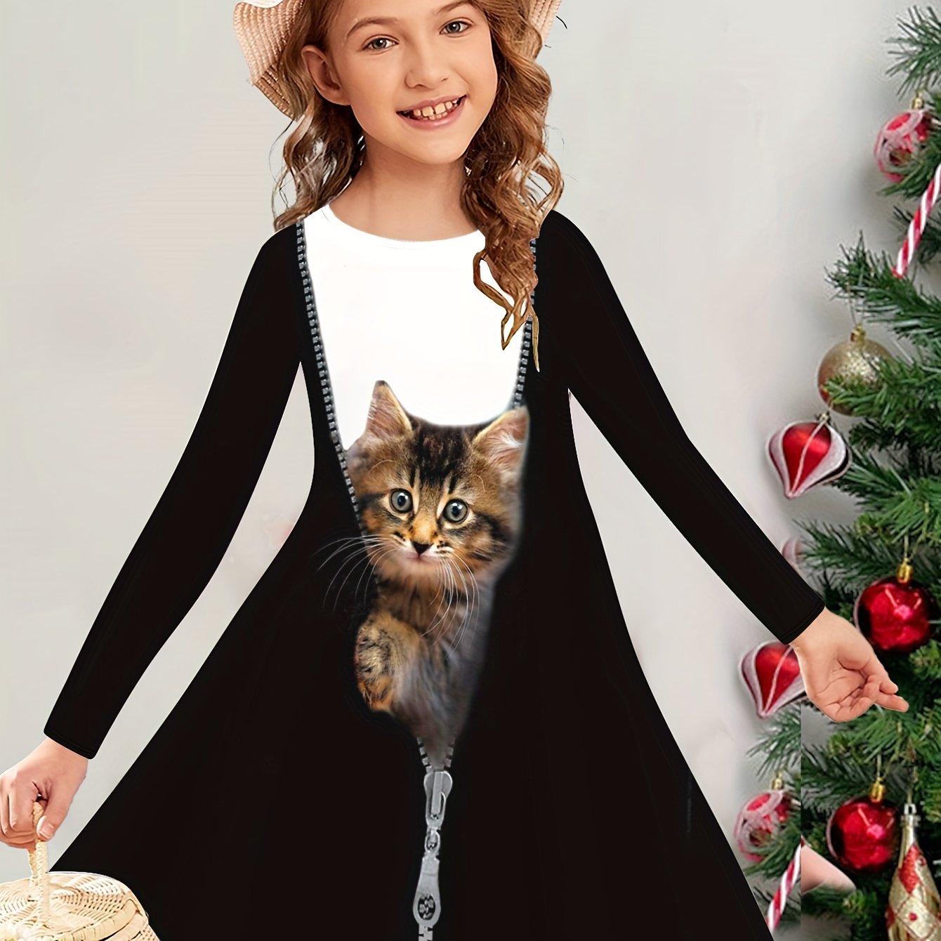 Children's Casual Cute Cat Pattern Long-sleeve Dress For Autumn/winter