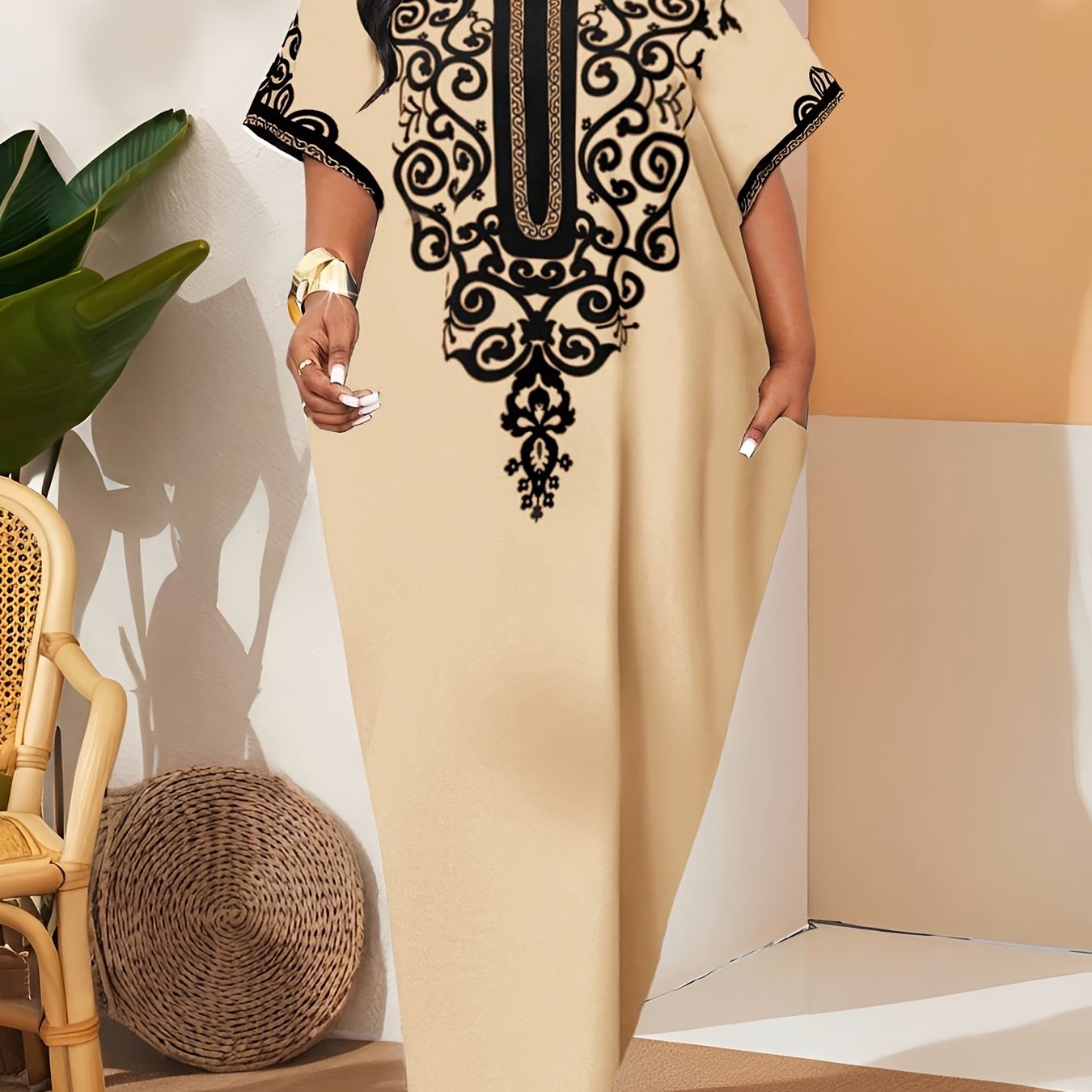 TEMU Spring/ For Women, Light Khaki/black Baroque Print, Notched V-neck, Batwing Half Sleeves, Loose Straight-cut Maxi Dress, Cropped Length