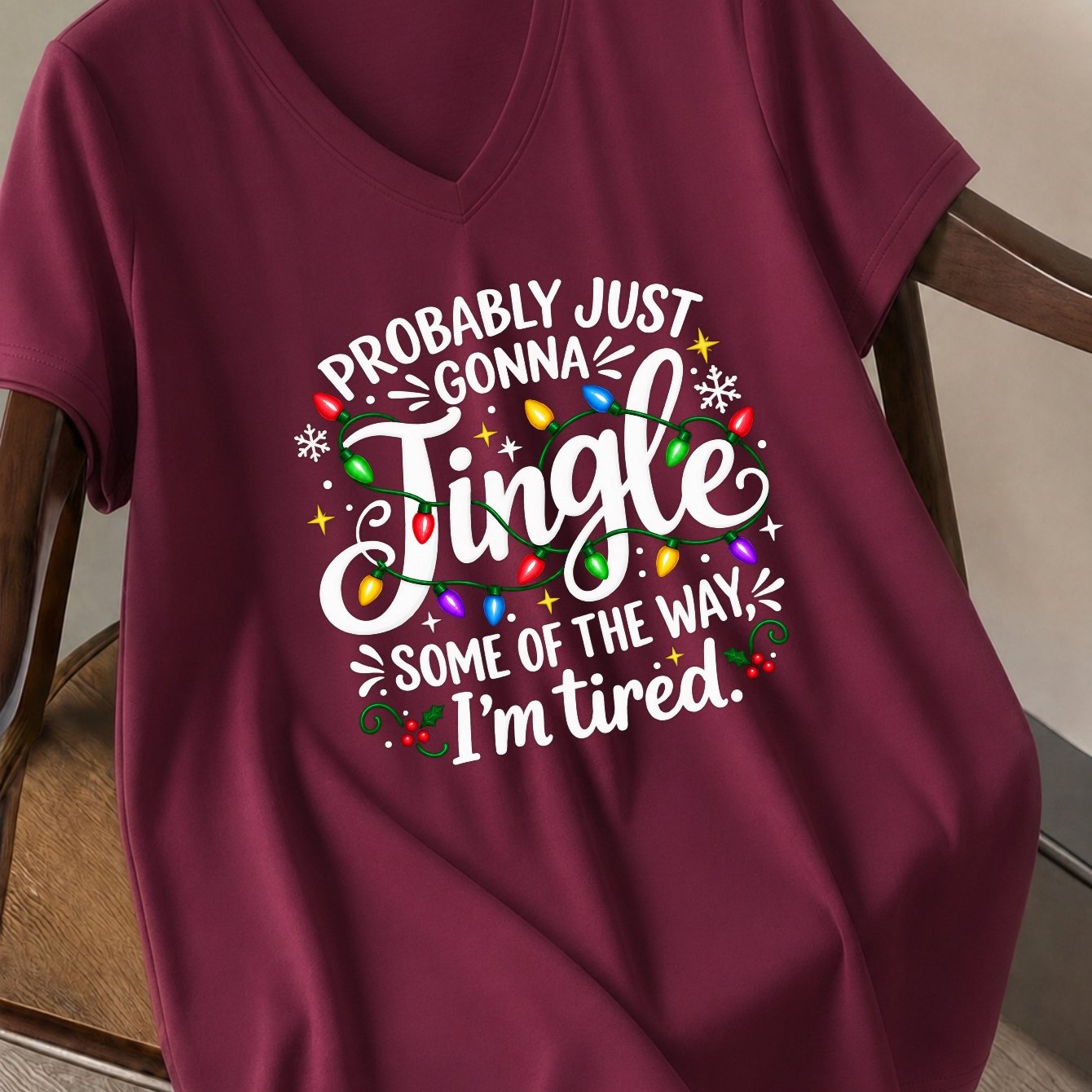 TEMU Plus Size, Plus Size Women's Fashionable And Versatile T-shirt With String Lights And Snowflakes Print, Christmas Lover T-shirt, String Lights,