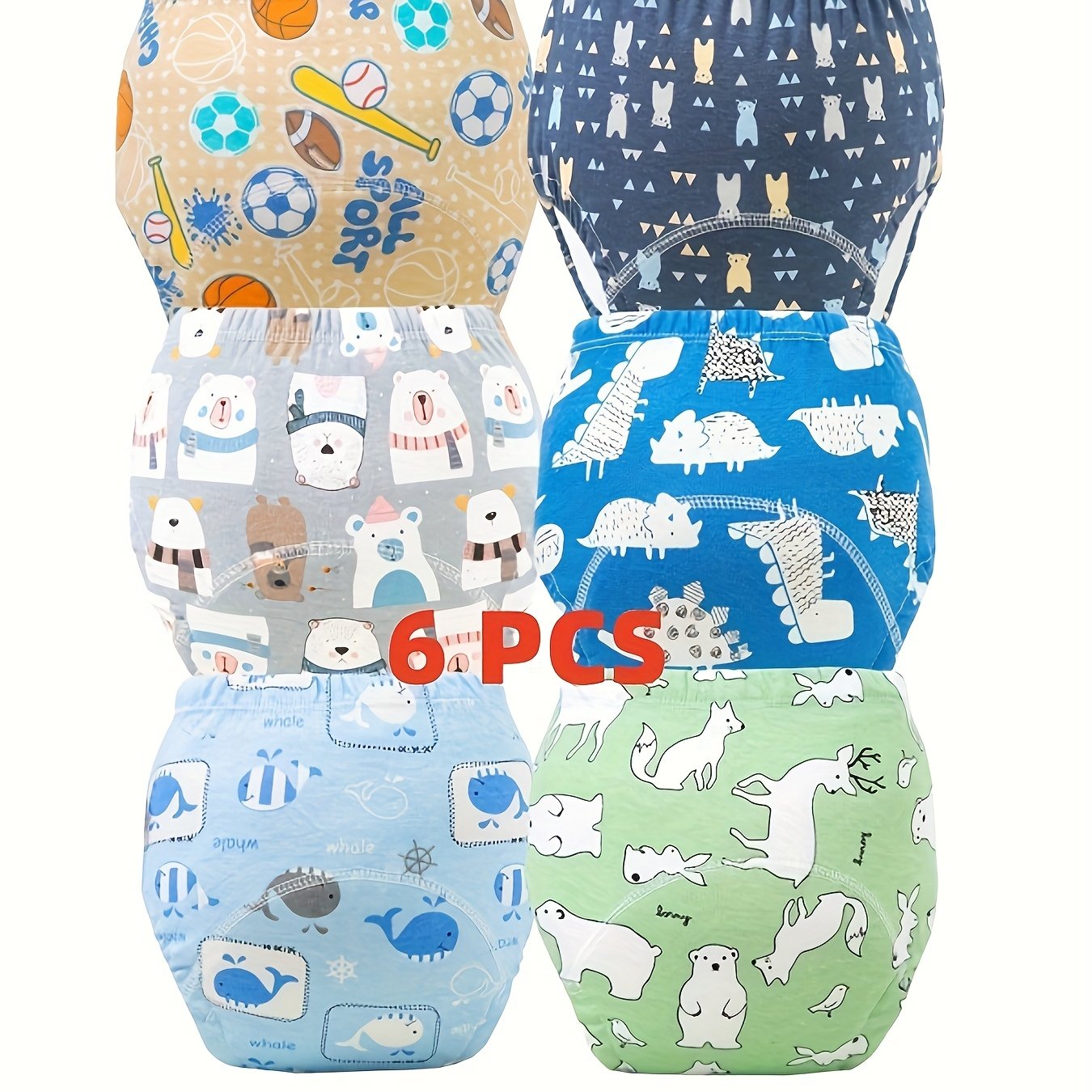 Image of Children's 6pcs Potty Training Pants, Absorbent Training Underwear For Toddler Boys And Girls, Washable And Reusable, Animal Print