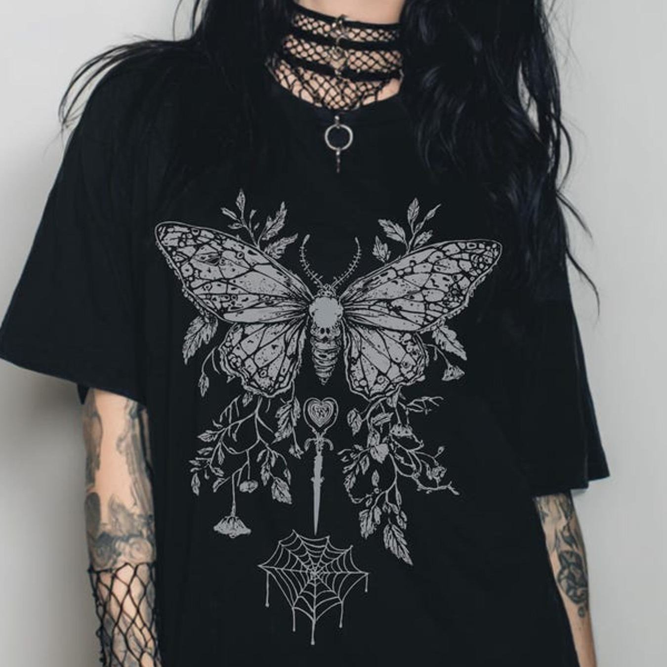 Plus Size Sword Y2k Goth T-shirt Floral Print Fairy Grunge Dark Boho Top Emo Alternative Clothing For Her, Plus Size