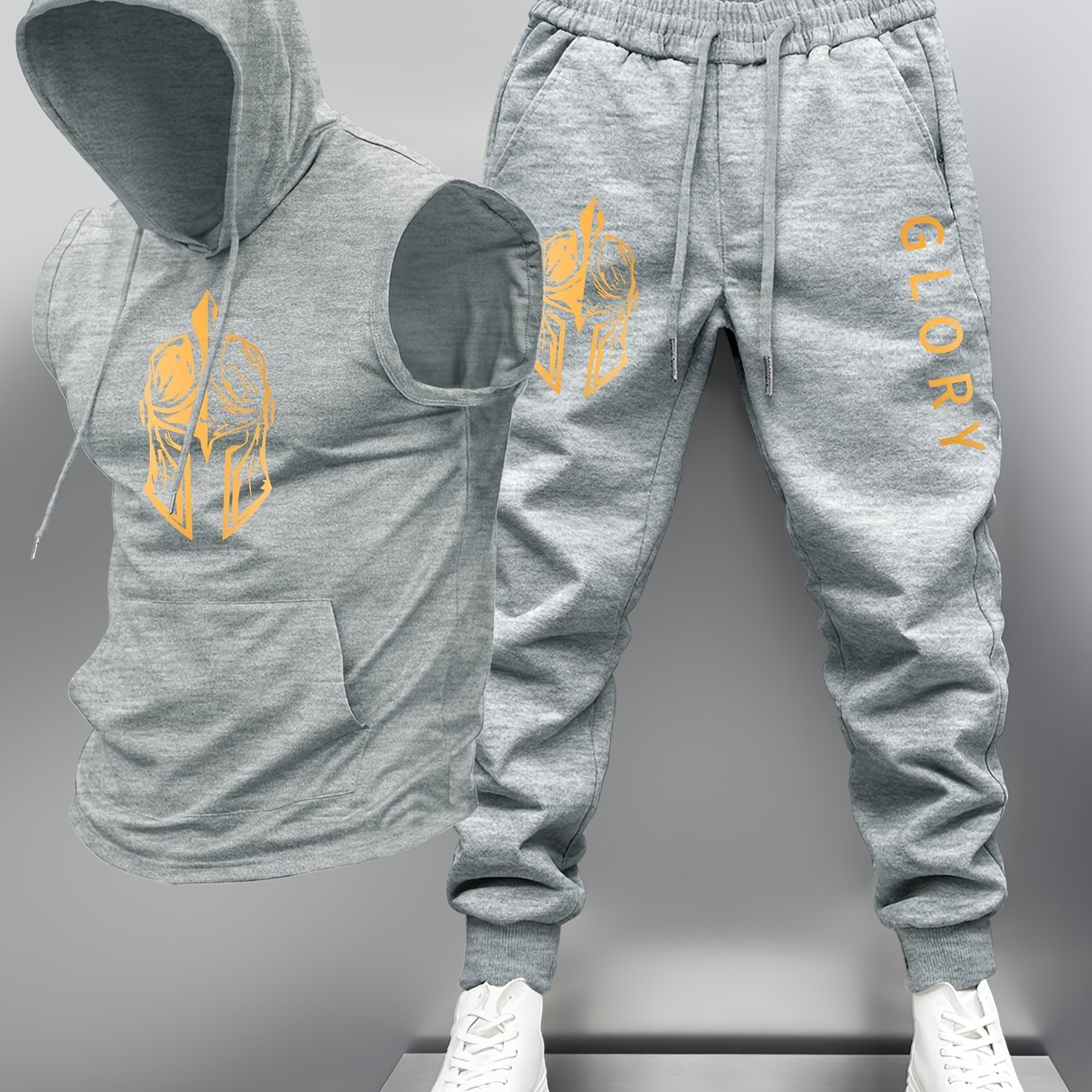 TEMU Men's Fashion Hooded Vest And Pants Set - Trendy Print Sportswear Outfit, Sleeveless Hoodie And Joggers Streetwear Gift