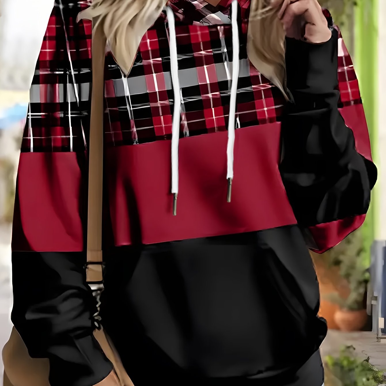TEMU Plus Size, Women's Plus Size Geometric Color Block Print Sweatshirt, Casual And Stylish Red Hooded Long Sleeve, Exquisite Artistic And