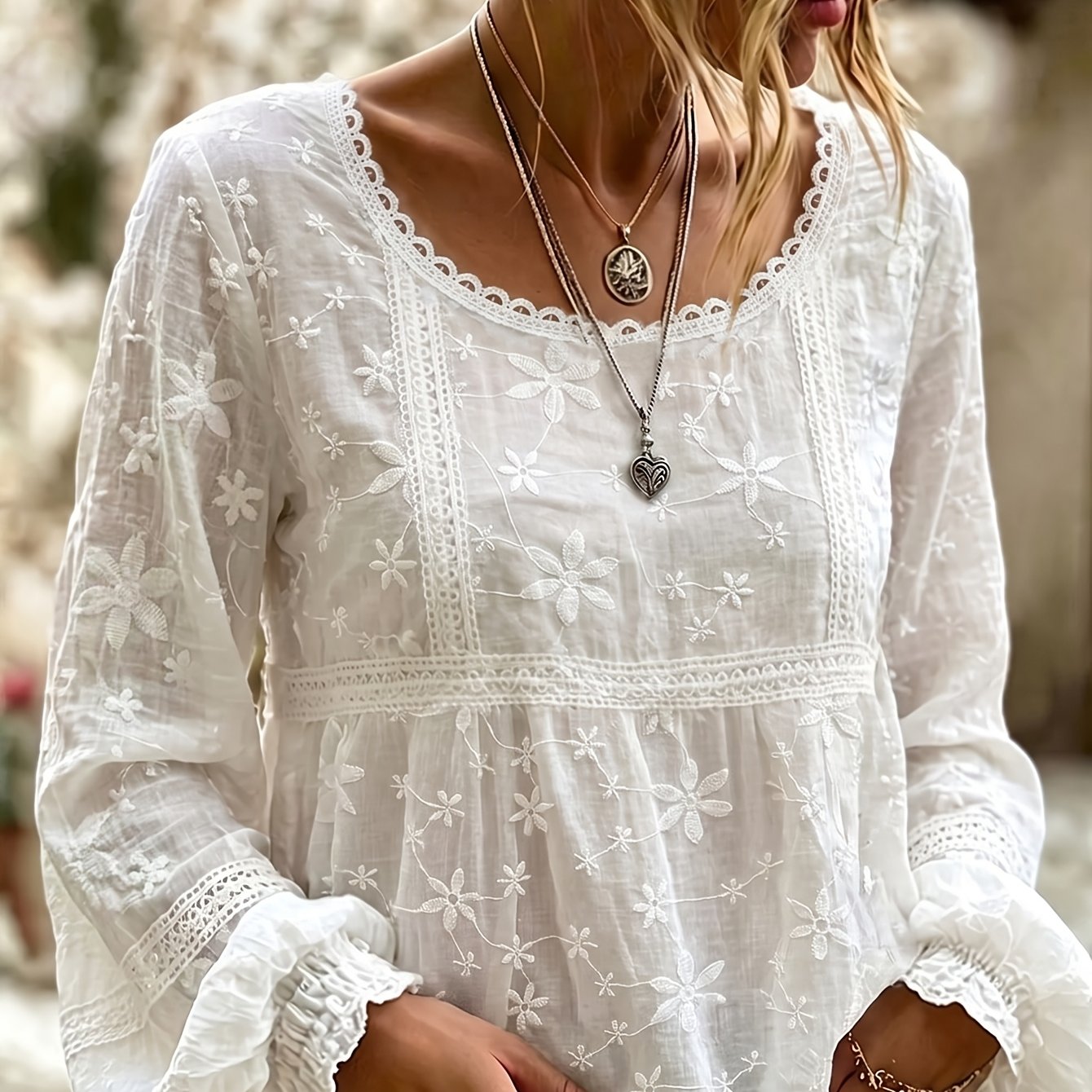 TEMU Plus Size, Plus-size Women's Embroidered Blouse With Embroidered Neckline, Lace , And Lantern Sleeves, Suitable For Various Occasions