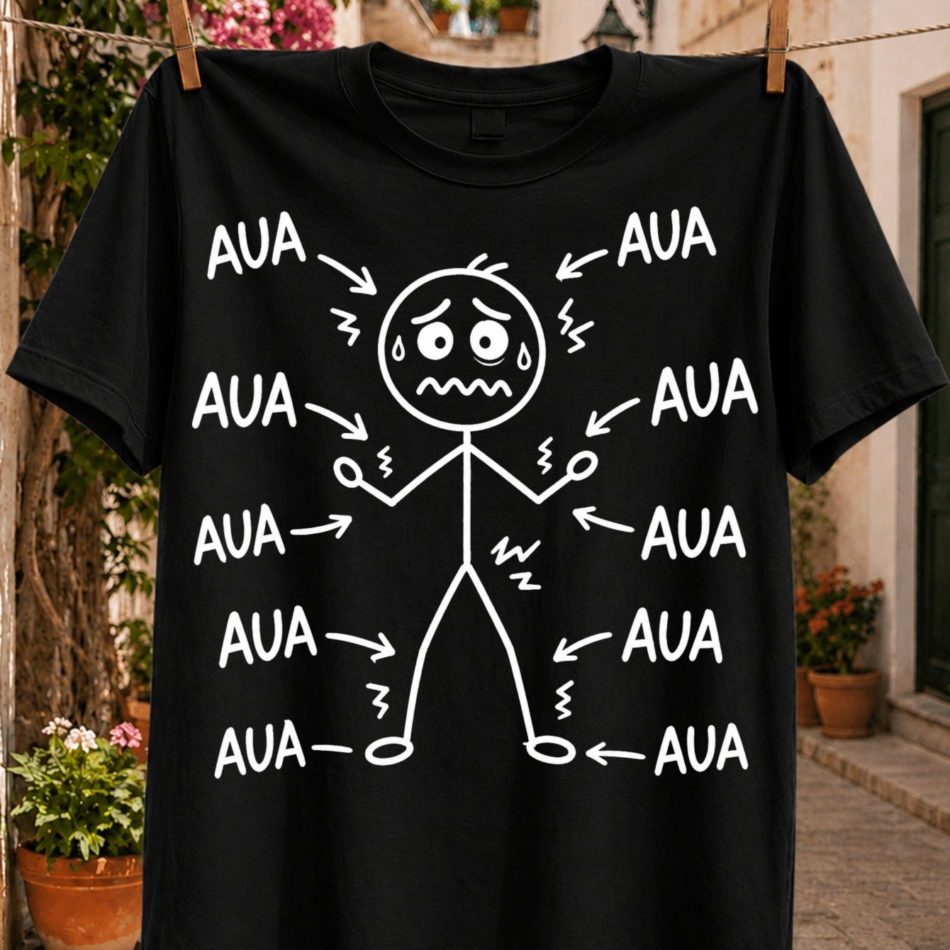 Image of Figure Pain Arrows Shaking Marks And Repeated German Aua Text Around The Body Unisex All T-shirt