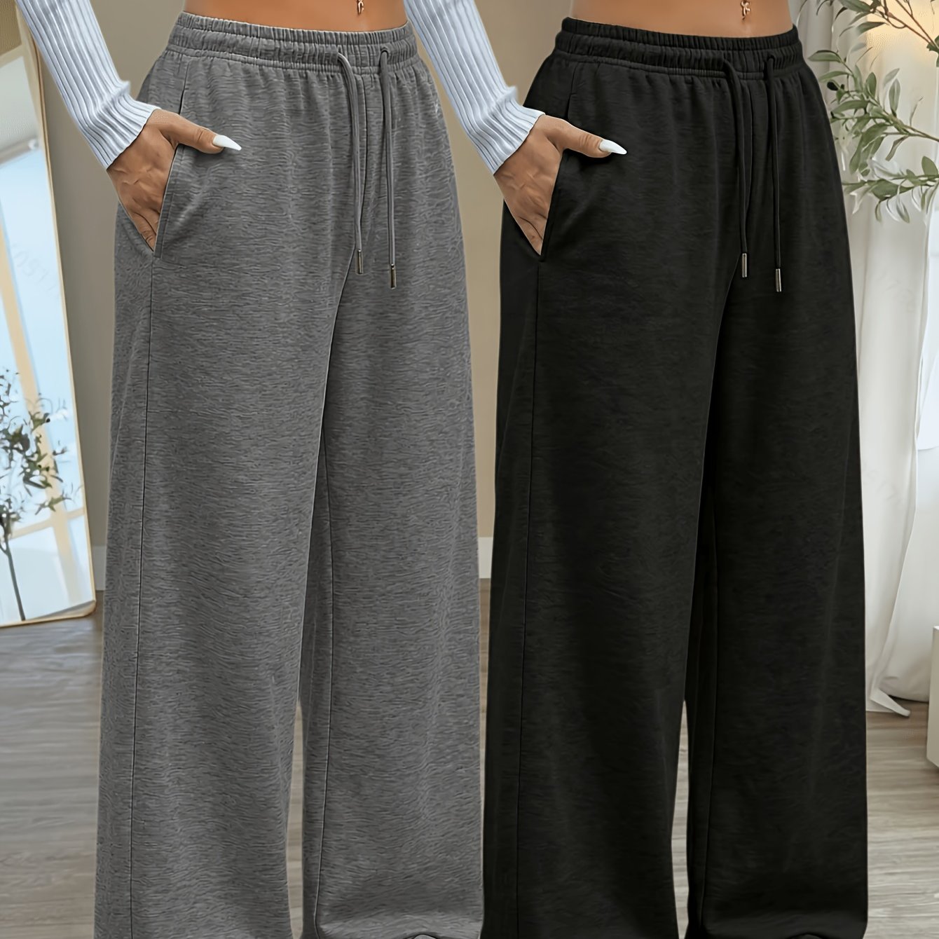 TEMU 2pcs Women's Casual Wide-leg Pants Set, Elastic Waist Cincher Loose Mid-stretch Fabric, Machine Washable, Spring Summer Autumn Casual Wear