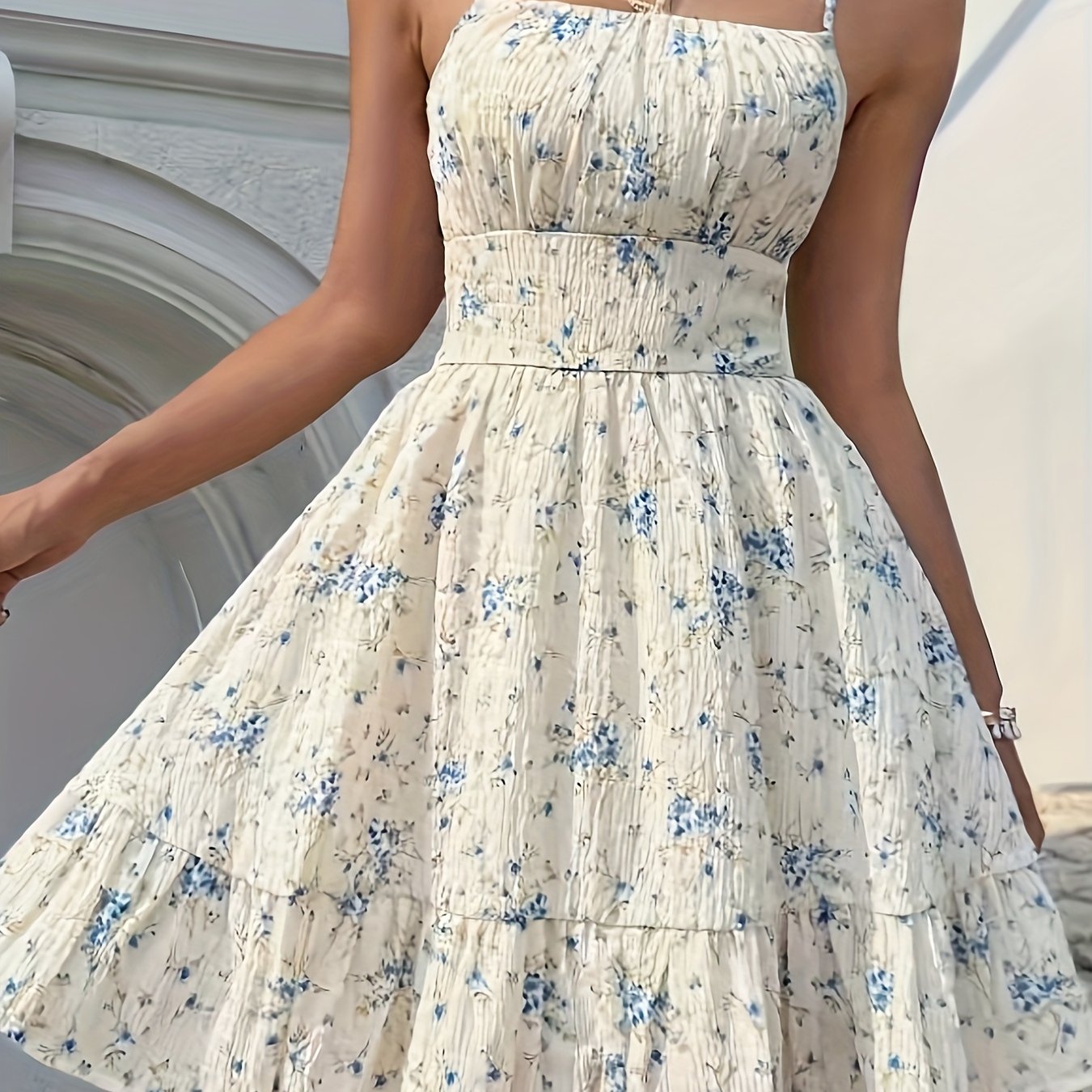 Image of Women's Summer Holiday Floral Print Hem Spaghetti Strap Beach Dress, Bohemian Style Clothing
