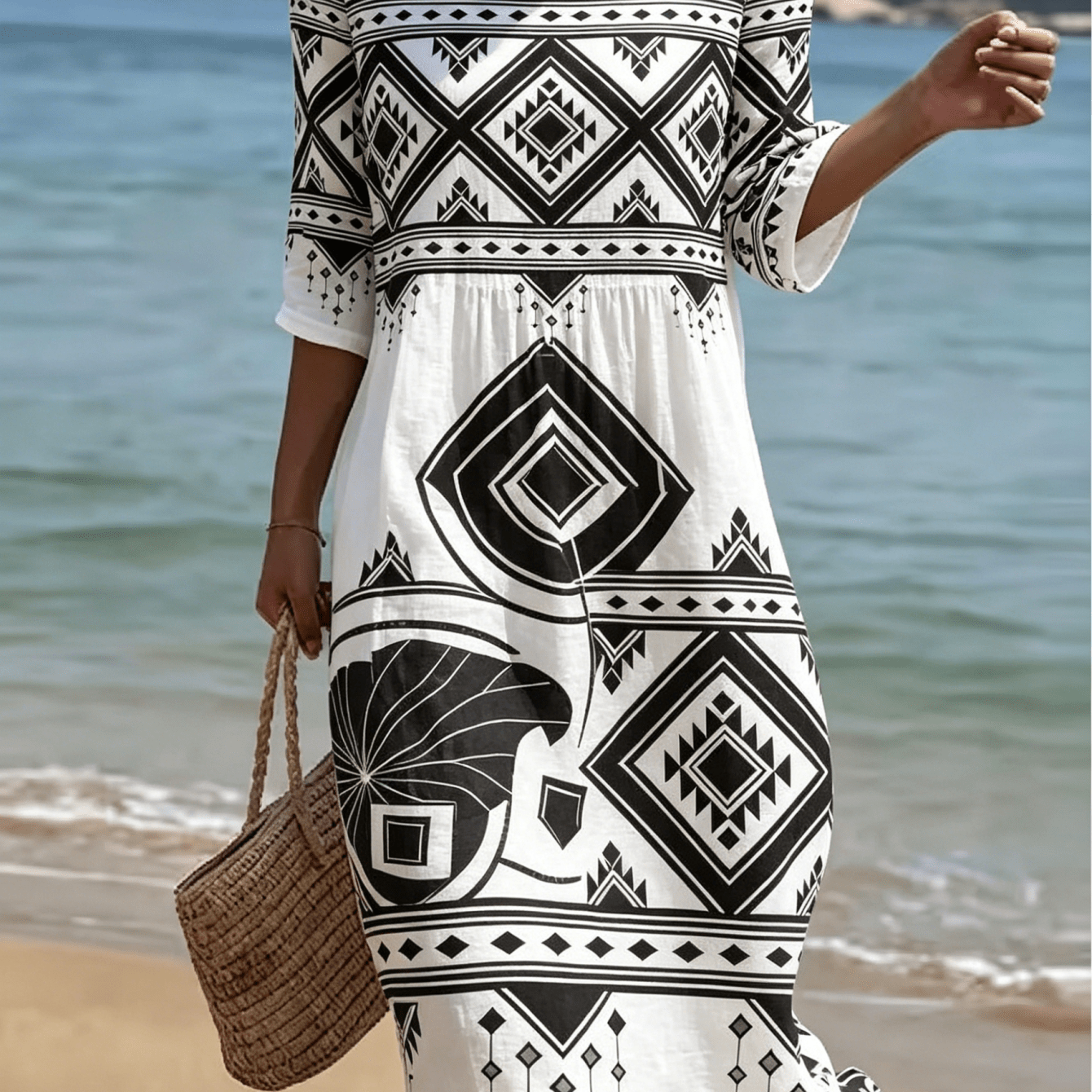 Image of Women Black White Tribal Geometric Diamond Printed Beach Midi Dress, Breathable Polyester Fiber Fabric Half Sleeve Round Neck Waist Ruched Loose Flowy Vacation Sundress, Bohemian Beach Cover Up Dress