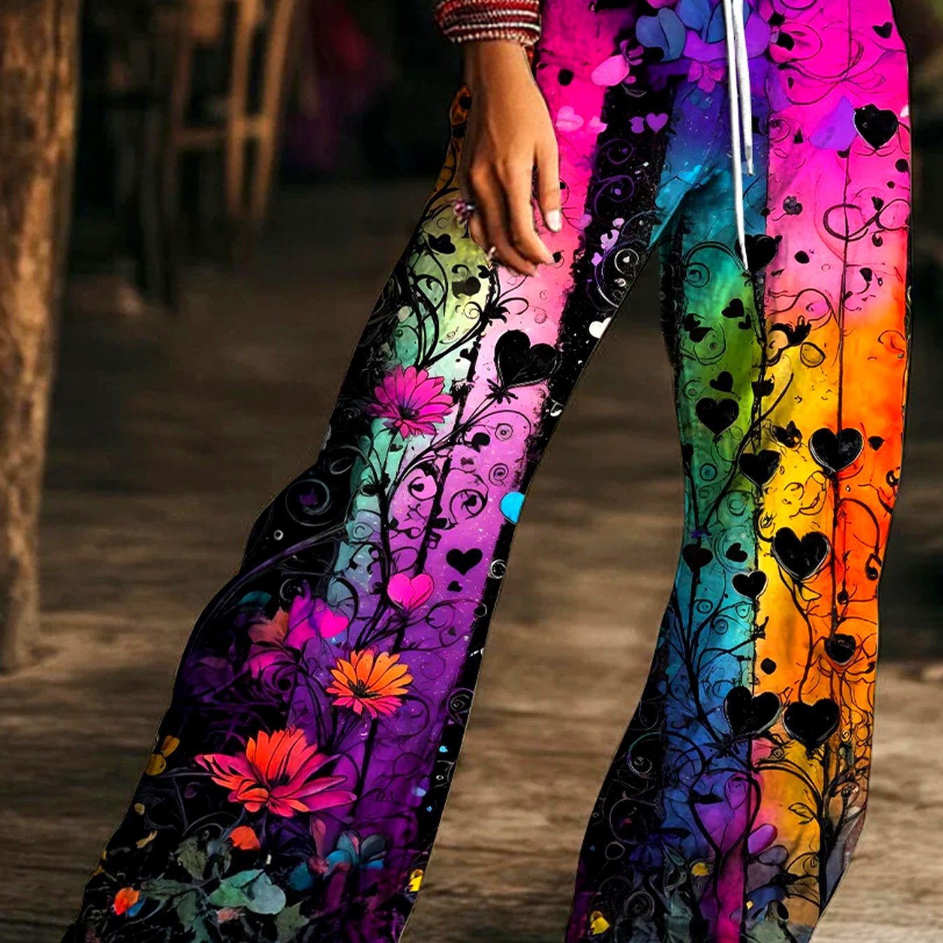 TEMU Printed Design â Not Textured, Colorful Floral Heart Hippie- Art Women's Drawstring Wide-leg Pants