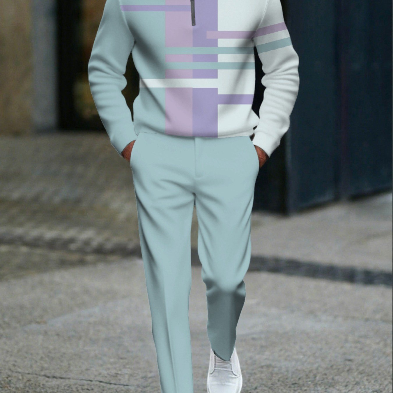 TEMU Men's Quarter Zip Stand Collar Tracksuit Set Light Blue With Geometric Stripe Print Long Sleeve Top And Pants 2pcs Casual Wear
