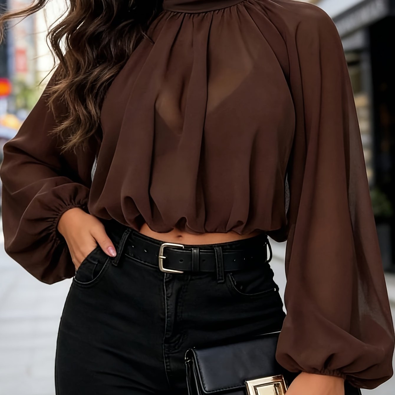 TEMU Autumn Women's Fashion Solid Color Neck Long Sleeve High Neck Chiffon Elegant Blouse
