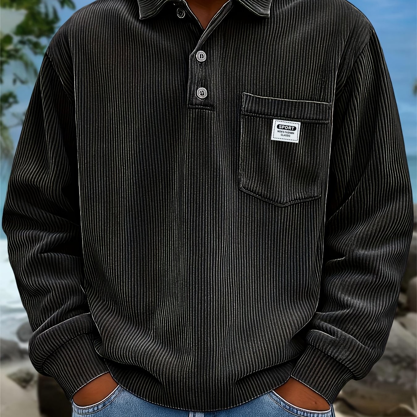 TEMU Men's Vintage Corduroy Long Sleeve Shirt, Lapel Collar Three-button Half- Top, Single Chest Pocket With Logo, Loose Vintage Autumn Daily Casual