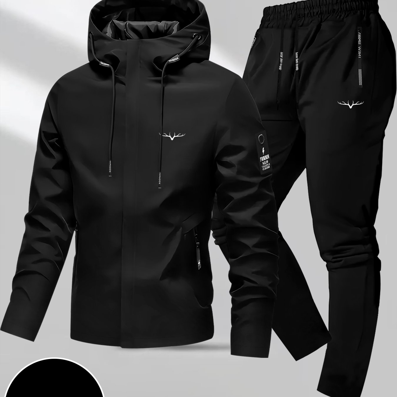 TEMU Men's New Stylish Sports Windbreaker Two-piece Set, Featuring A Deer Antler Pattern With Zippered Pockets, Suitable For Teenagers With A