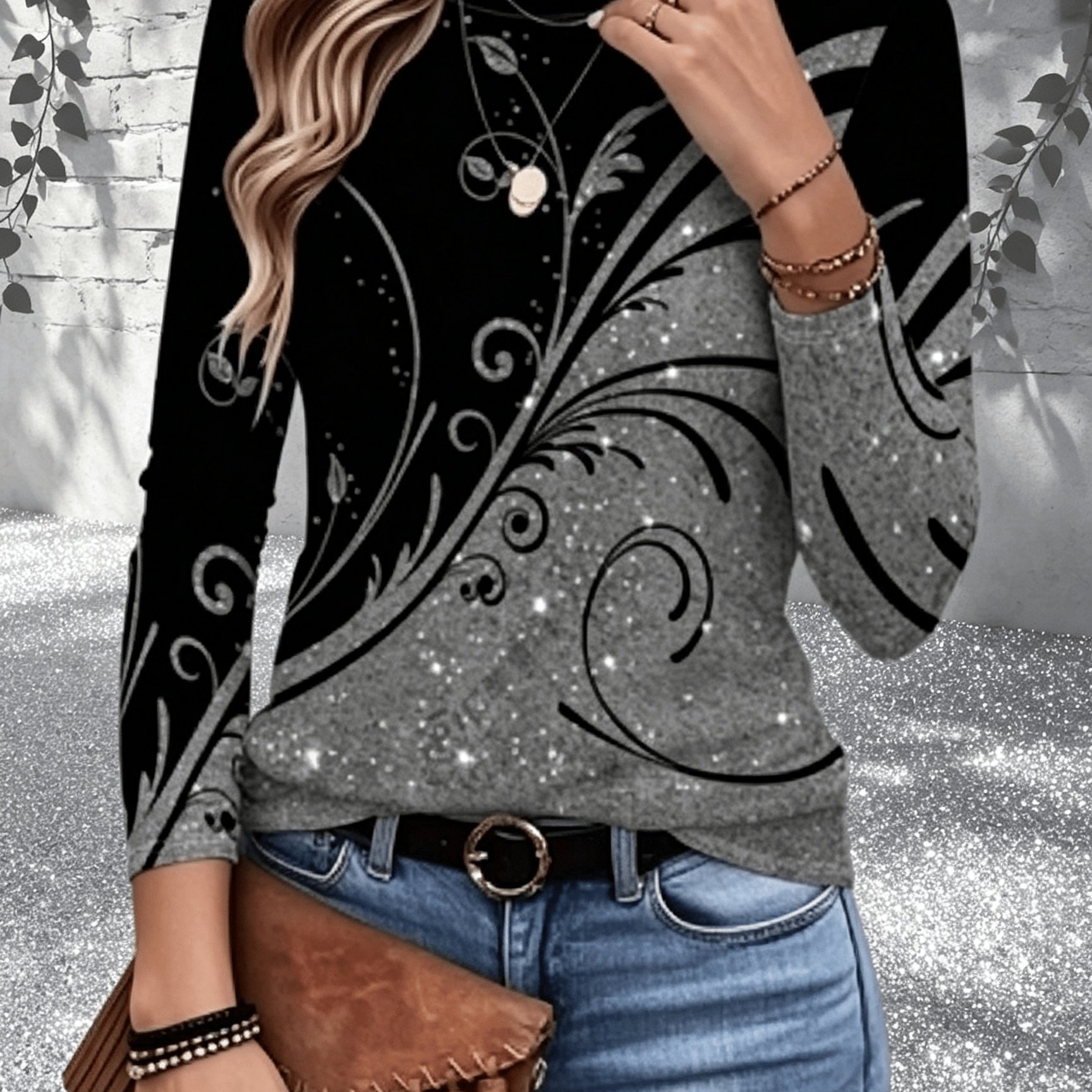 TEMU Silvery Gray Scroll Vine With White Dots, Retro Baroque Floral Style Print Round Neck Long Sleeve T-shirt Casual Fashion Women's Top - 085