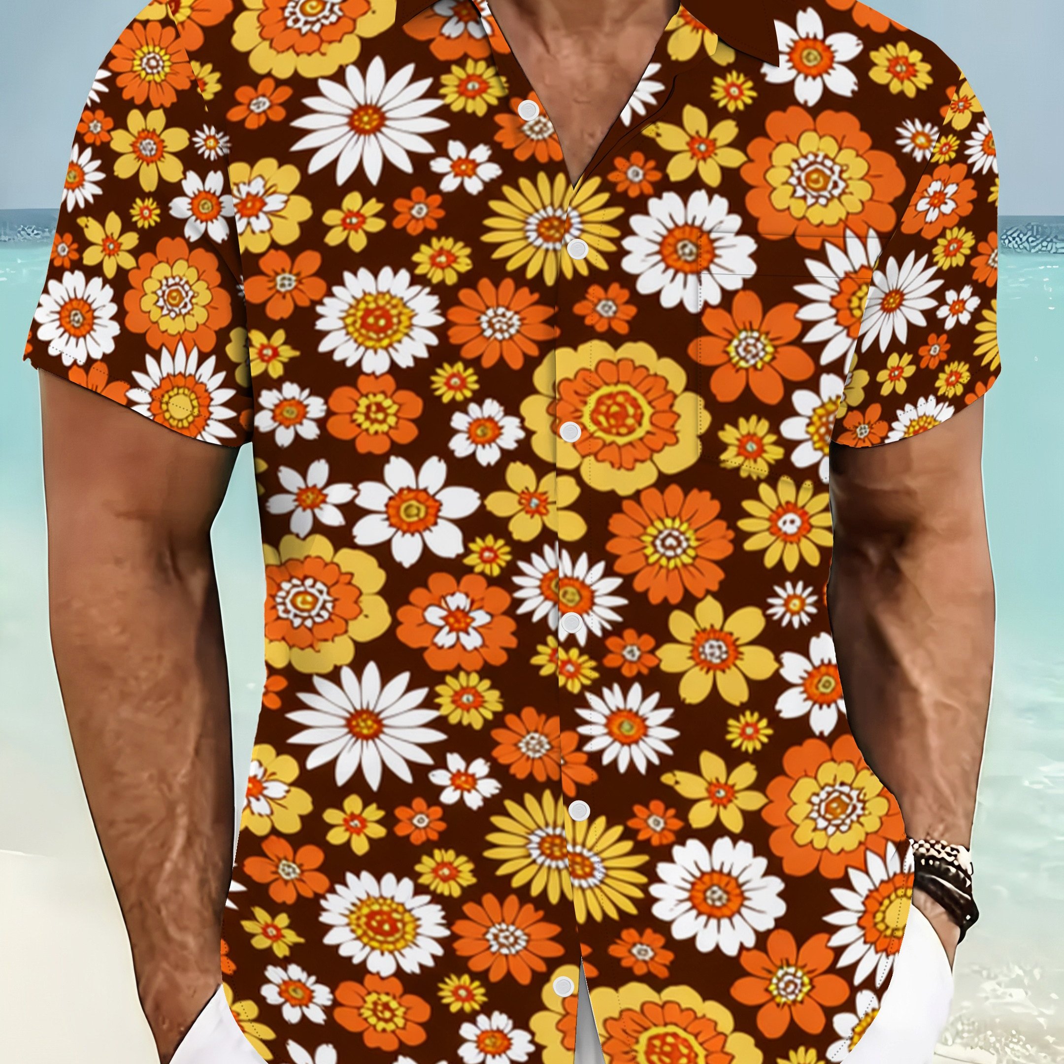 TEMU Men's Floral Retro Flower Button 70s Theme Disco Party Short Sleeve Beach Summer Shirt, Plus Size Casual Short Sleeve, Comfortable Fabric