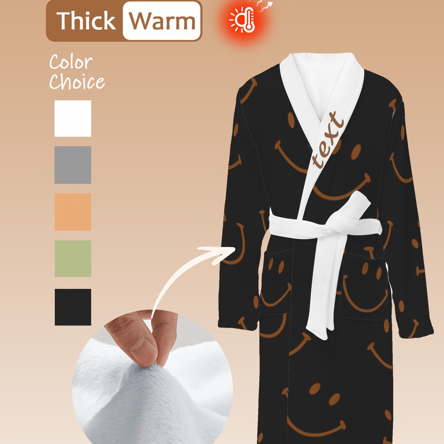 TEMU Customizable Fleece Bathrobe - Cozy Winter Robe With Pockets, Quick-dry & Absorbent, Thick Flannel Material, Face Print, Perfect Personalized