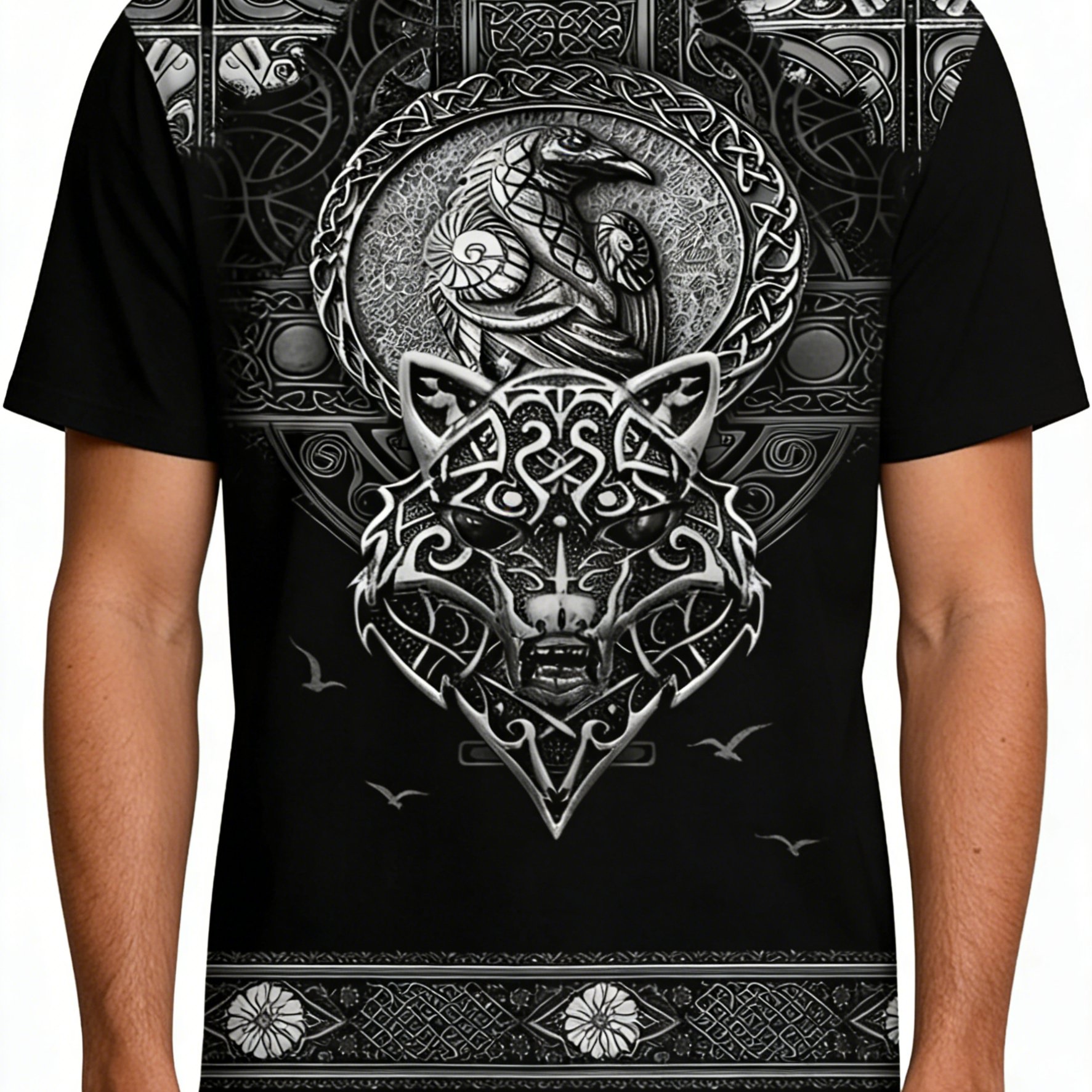 TEMU Men's Plus-size Short-sleeve T-shirt Featuring A 3d Print Of A Viking Celtic Wolf , A Trendy And Dark-themed Top, Plus Size