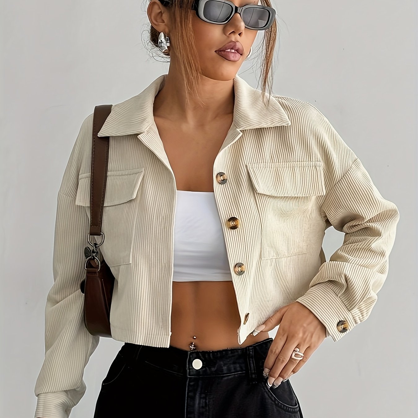 Women's Spring Autumn Short Corduroy Button-up Solid Casual Jacket