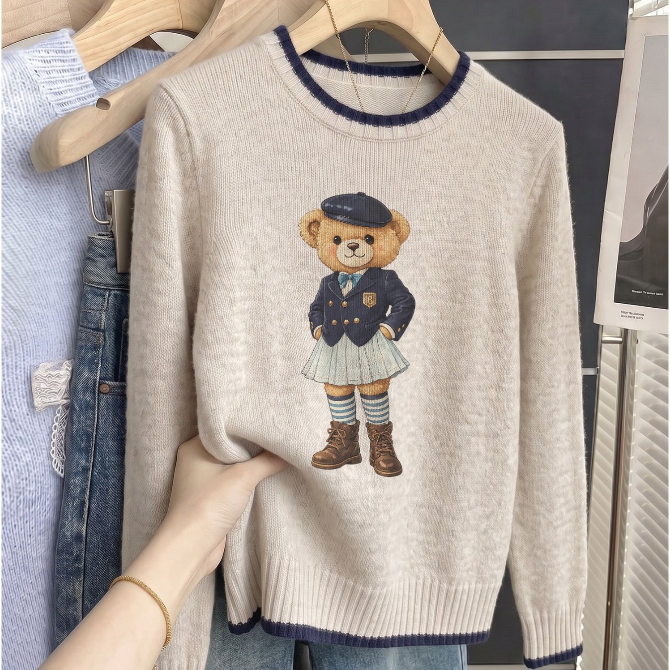 TEMU 2d Digital Women's Lightweight Round Neck Pullover Shirt Inner Wear Outer Wear Retro Preppy Style Teddy Bear Cartoon Bear Korean Trendy Style