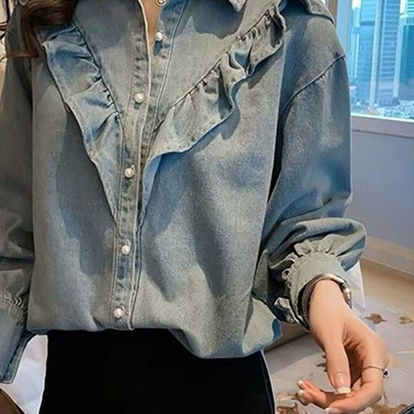 TEMU フリル入りデニムシャツ ルーズ薄手長袖デニムトップス ゆったりフィットのボトミングシャツ 快適で万能