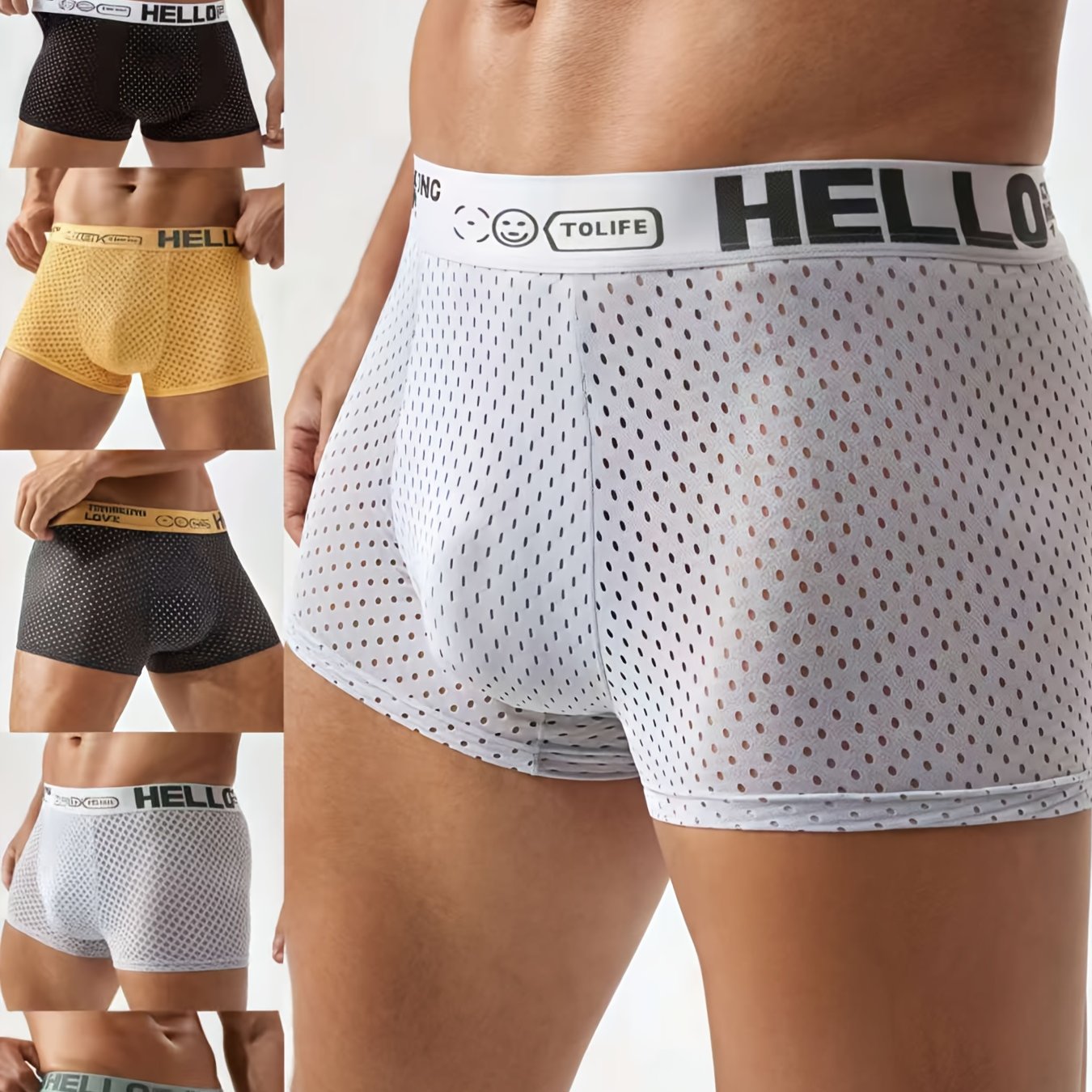 Image of 10pcs Men's Mesh Boxer Briefs With "hello" Letter Waistband, Solid Color Mesh Cutout Design, Full Sense, Very Breathable And Comfortable, Suitable For Summer Wear