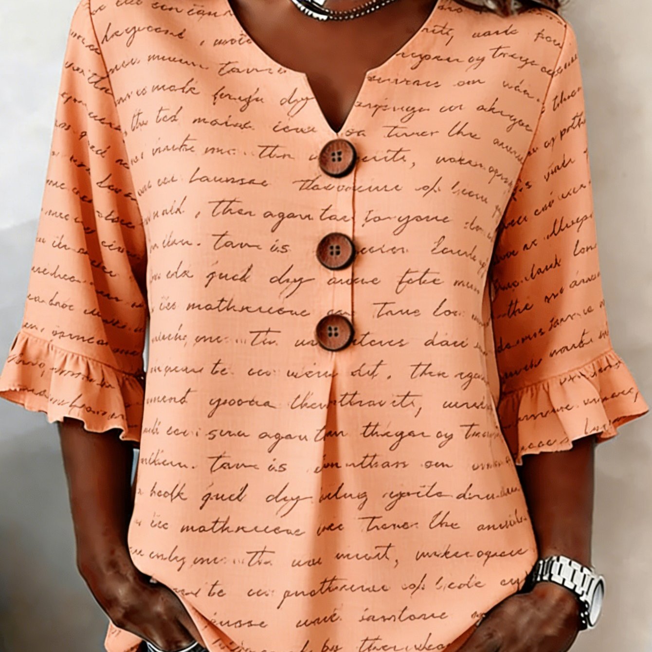 Image of Plus Size - Plus Size - Plus Size Women's V-neck Button Style Autumn Fabric Peach Print And Text Casual Top, Suitable For Daily Wear, Is For Mothers And Sisters