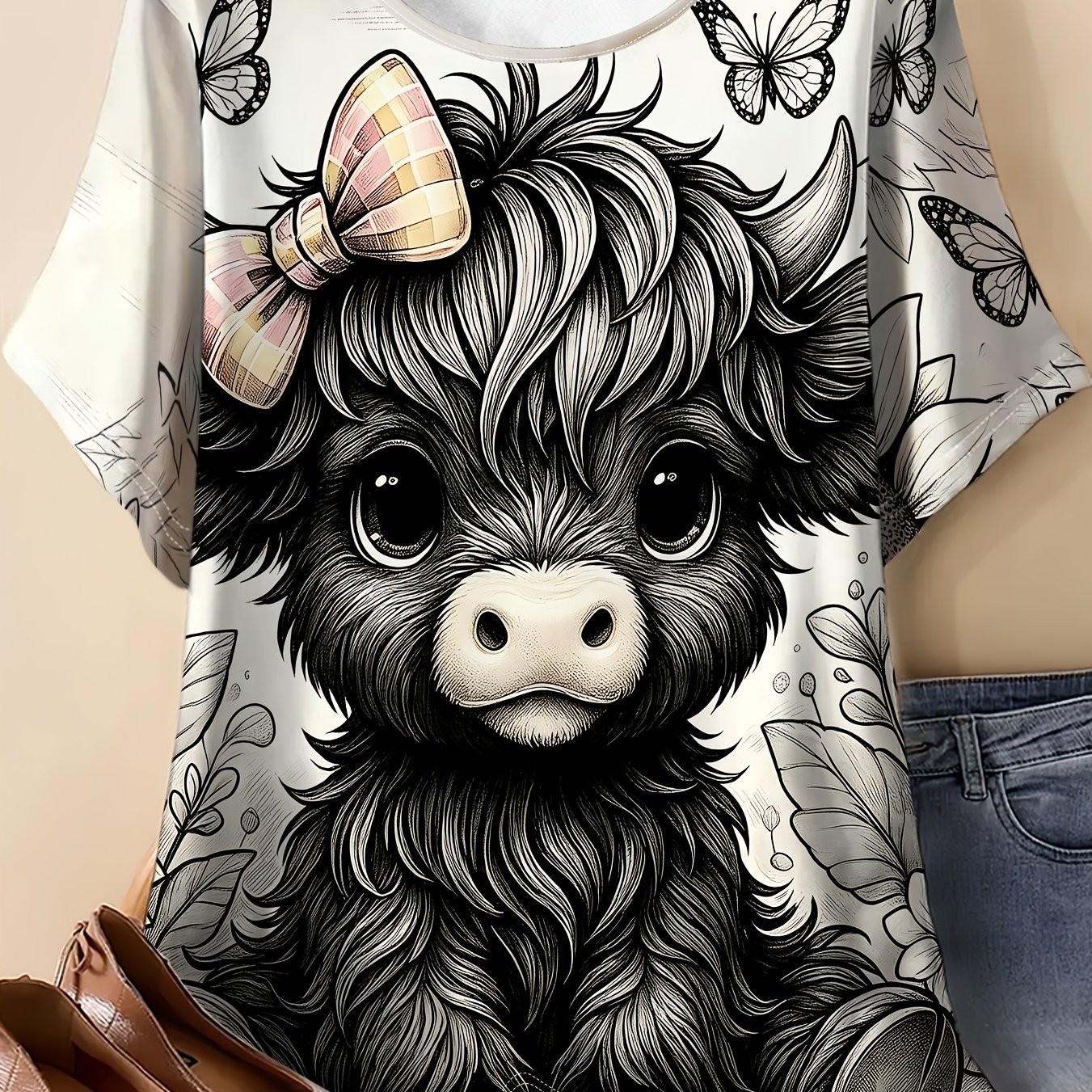TEMU Women's Plus Size Round Neck Short Sleeve T-shirt, Summer Elegant And Fashionable , Black And White Highland Cow And Print, Comfortable Loose