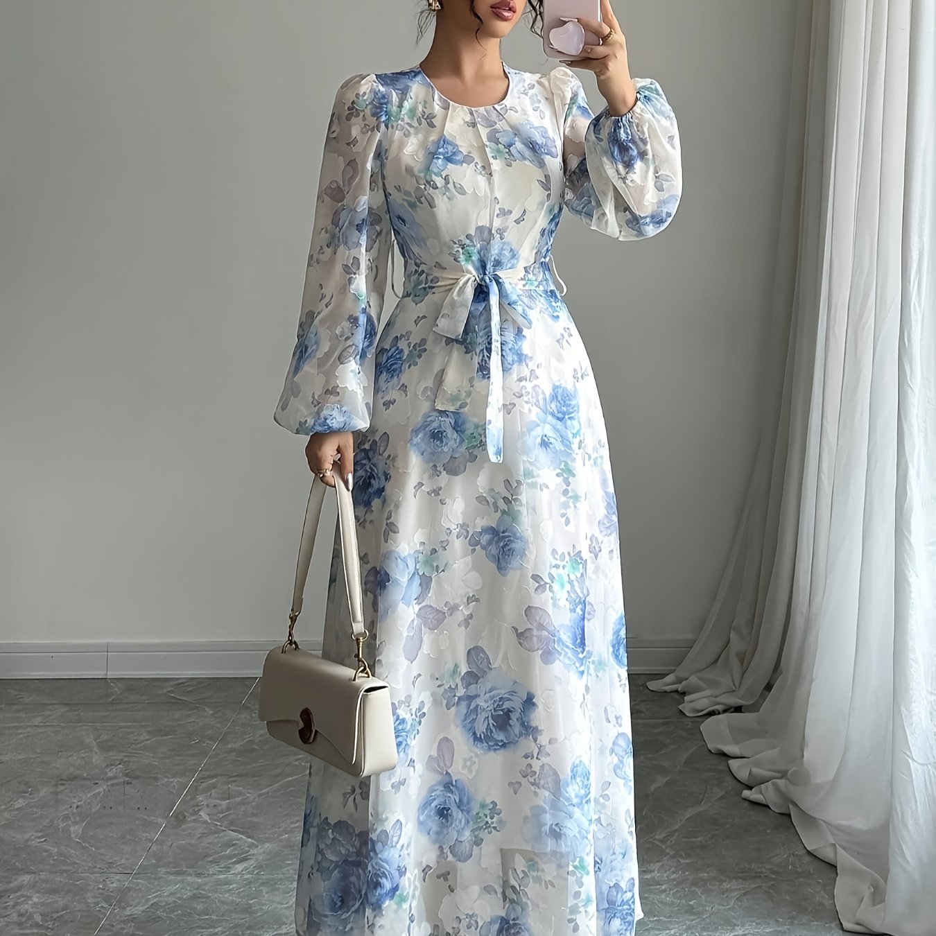 E-shop Elegantes Vintage-Line Maxikleid mit Puffärmeln & Gürtelbund - Langkleid für Frühling/Herbst, geeignet für Hochzeiten, Partys Semi-Formelle