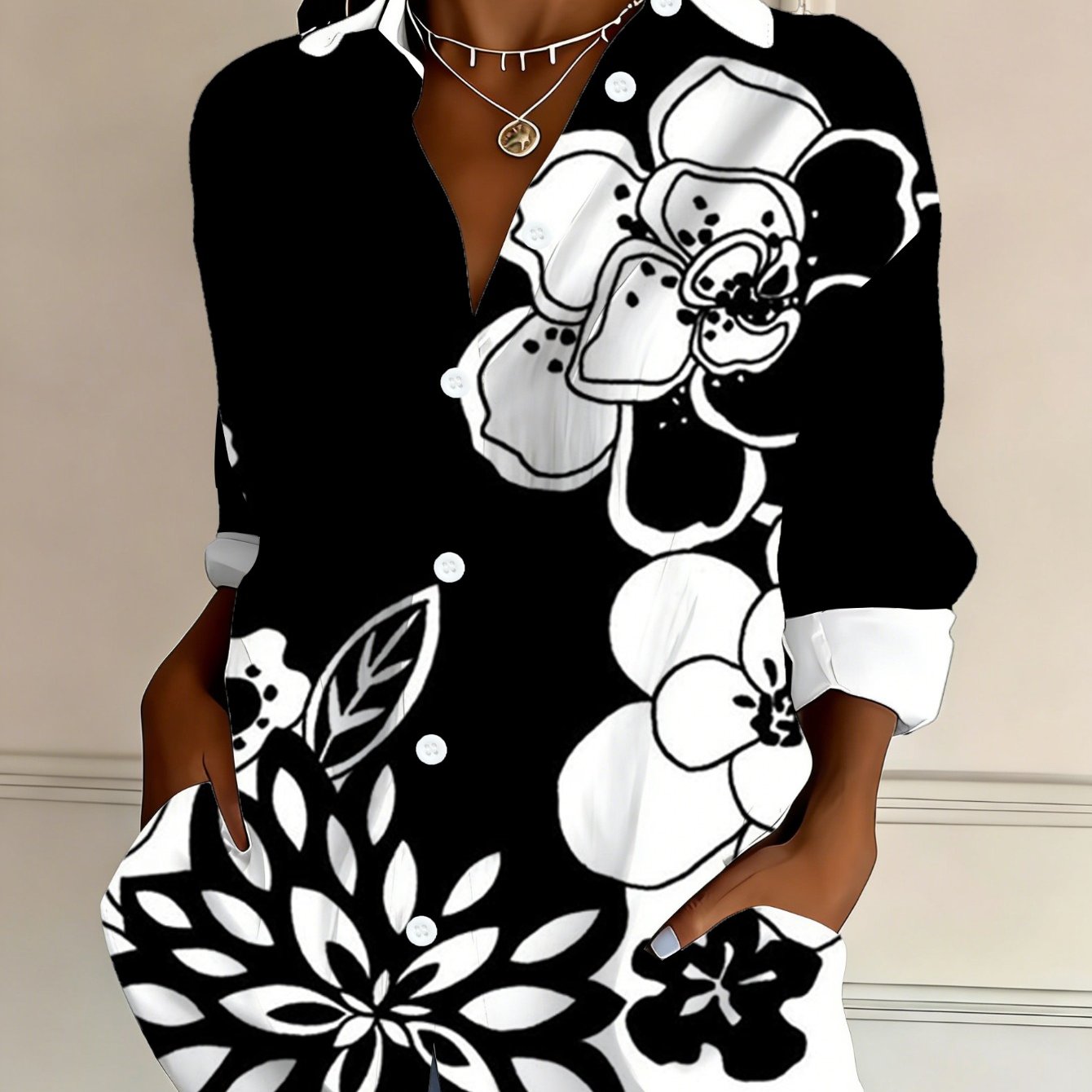 TEMU Cool And Stylish Black Background White Ink Floral Print Shirt, Loose And Design, Niche Casual Women's Clothing