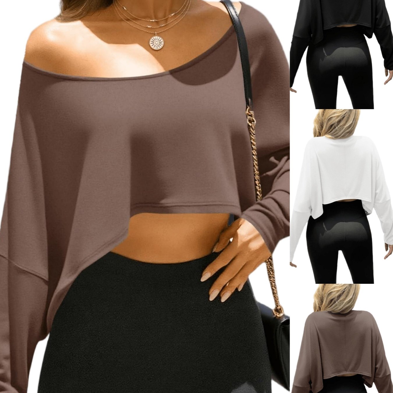 Image of Women's Daily Summer Off The Shouldert-shirts Crop Tops Batwing Long Sleeve Loose Fit Boat Neck Casual Tees