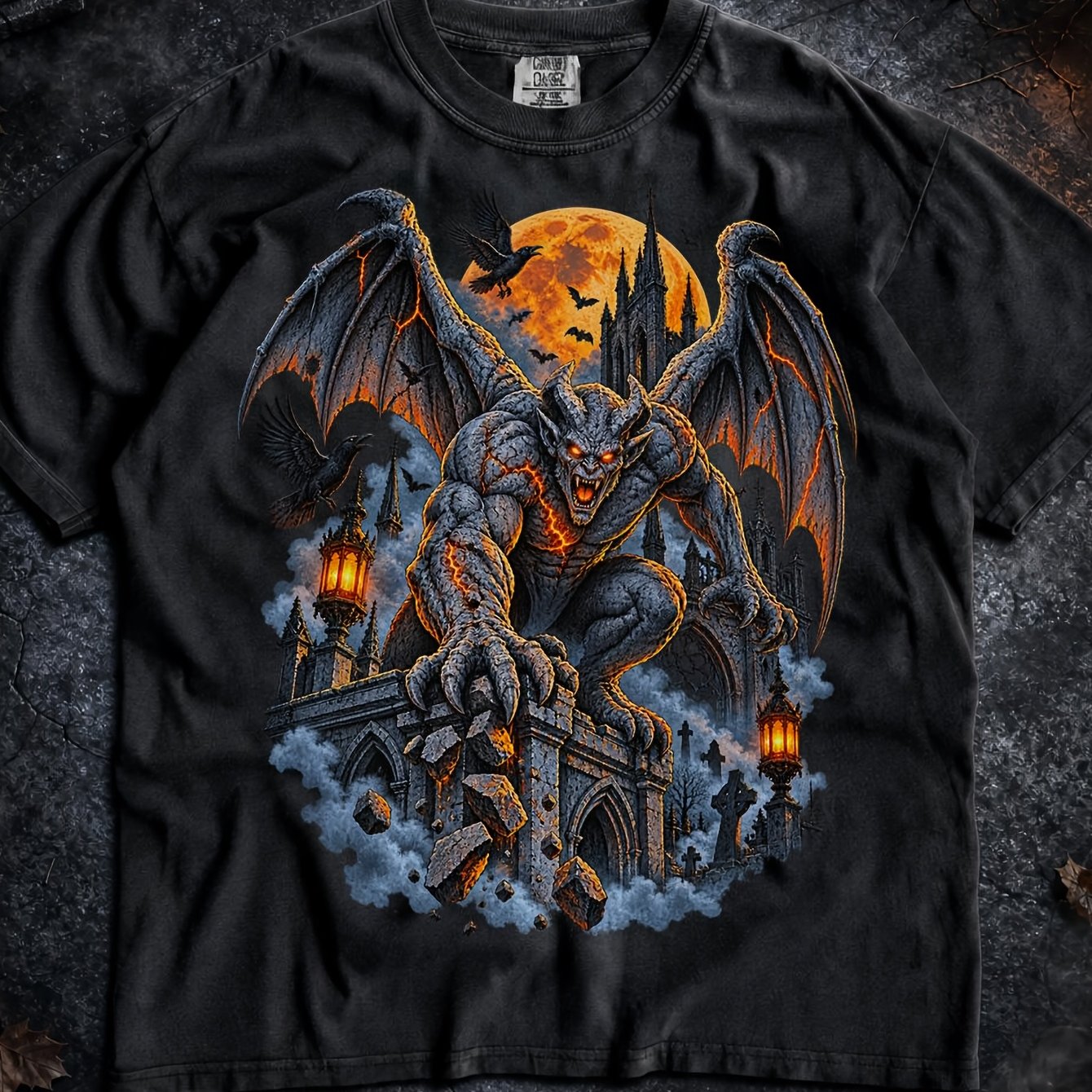 Gothischer Wasserspeier T-Shirt Friedhof Halloween T-Shirt Orange Mond Dunkle Fantasie Monster Lässiges Kurzarm…: retailer-supplied image